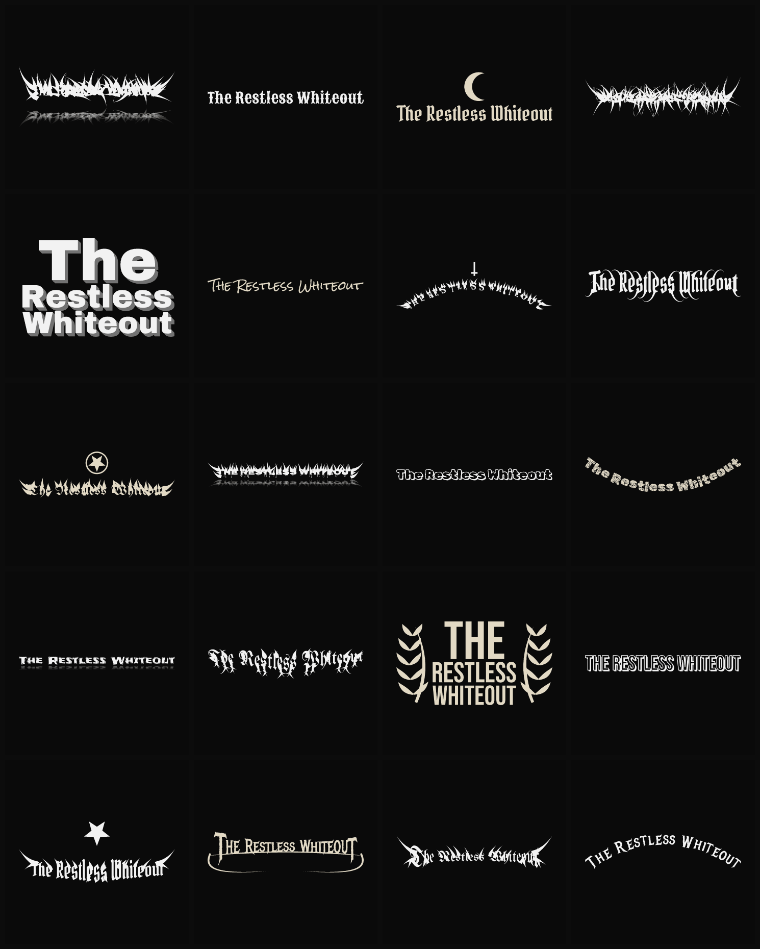 Twenty The Restless Whiteout band logo ideas — different faces, treatments and spike settings