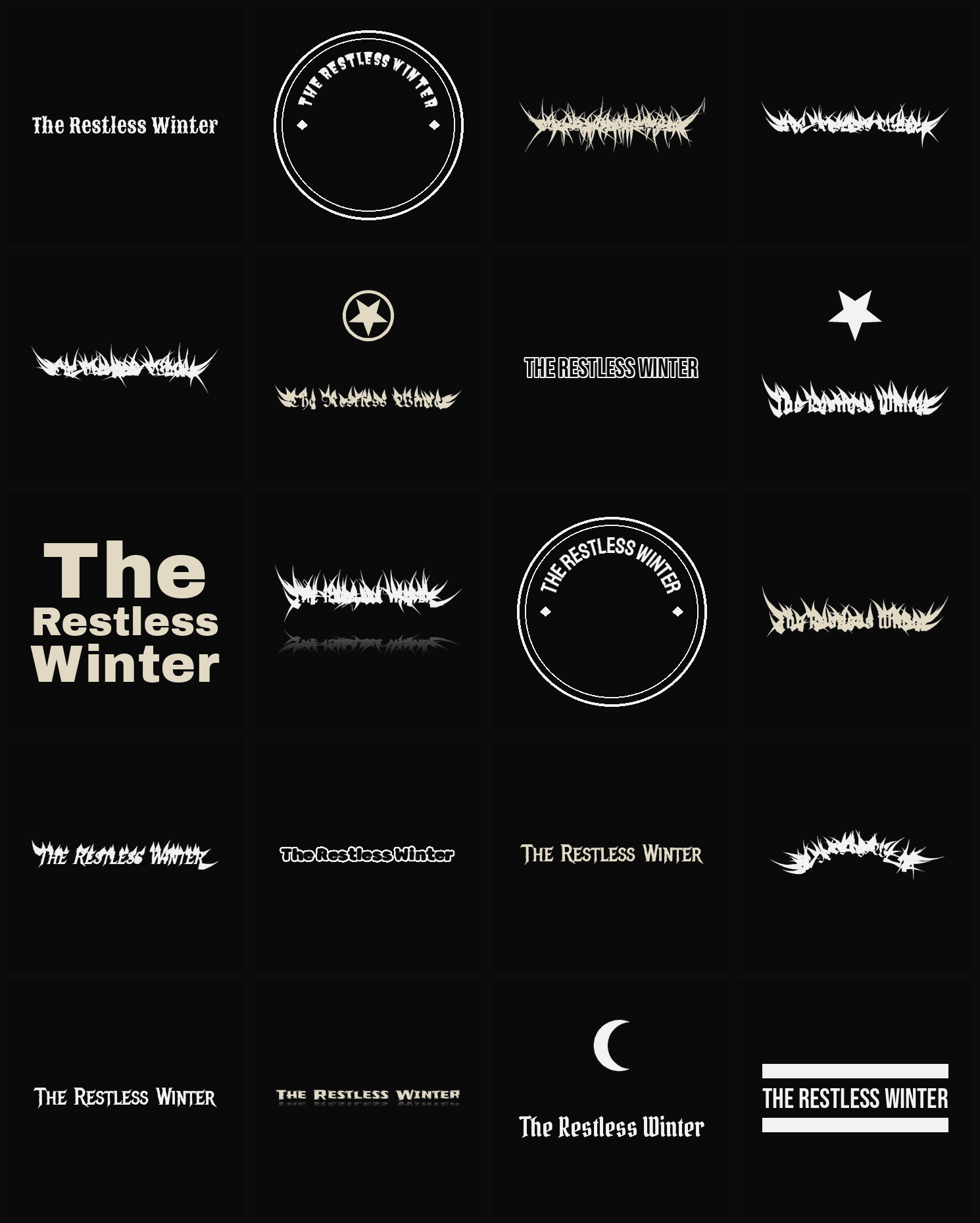 Twenty The Restless Winter band logo ideas — different faces, treatments and spike settings