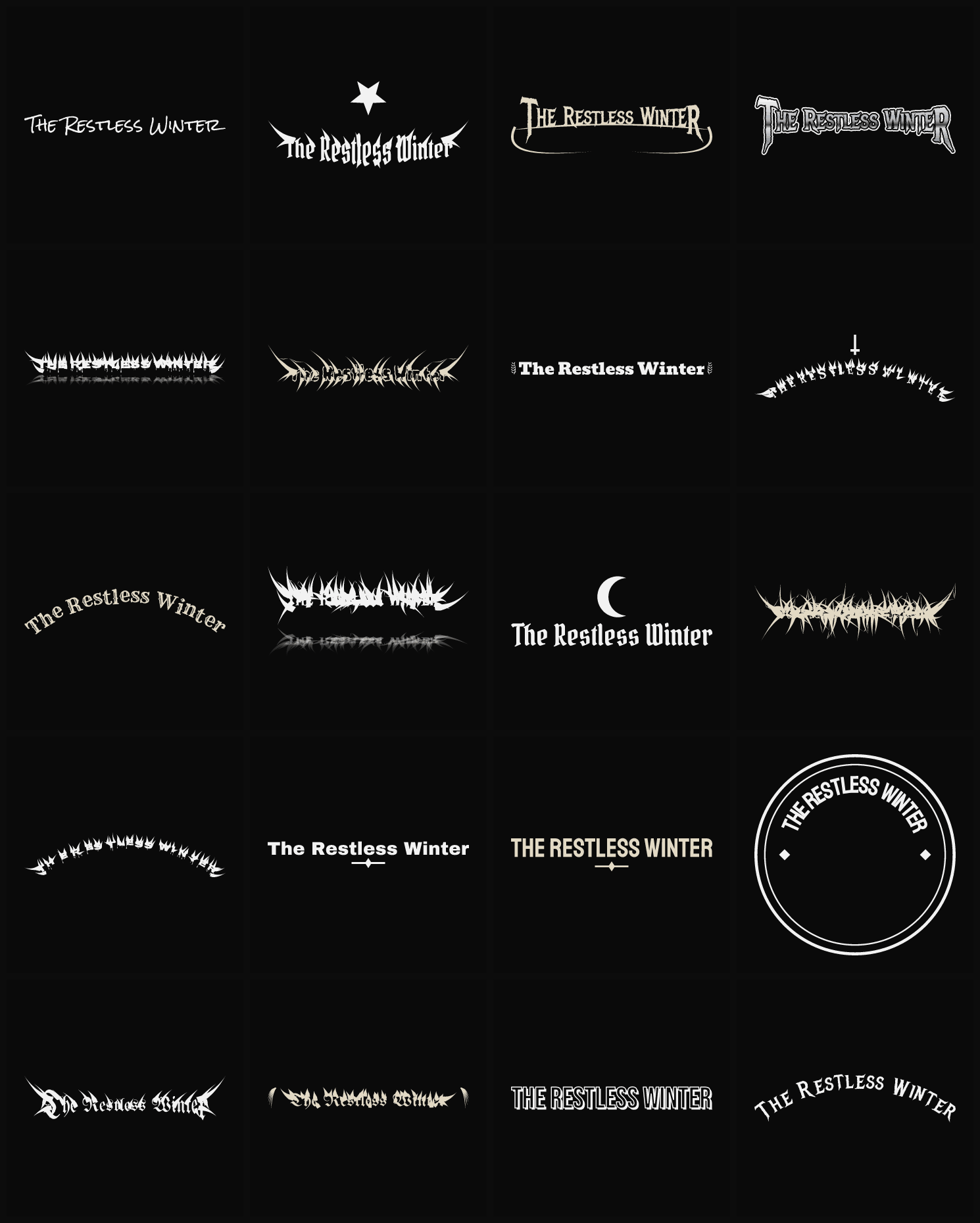 Twenty The Restless Winter band logo ideas — different faces, treatments and spike settings