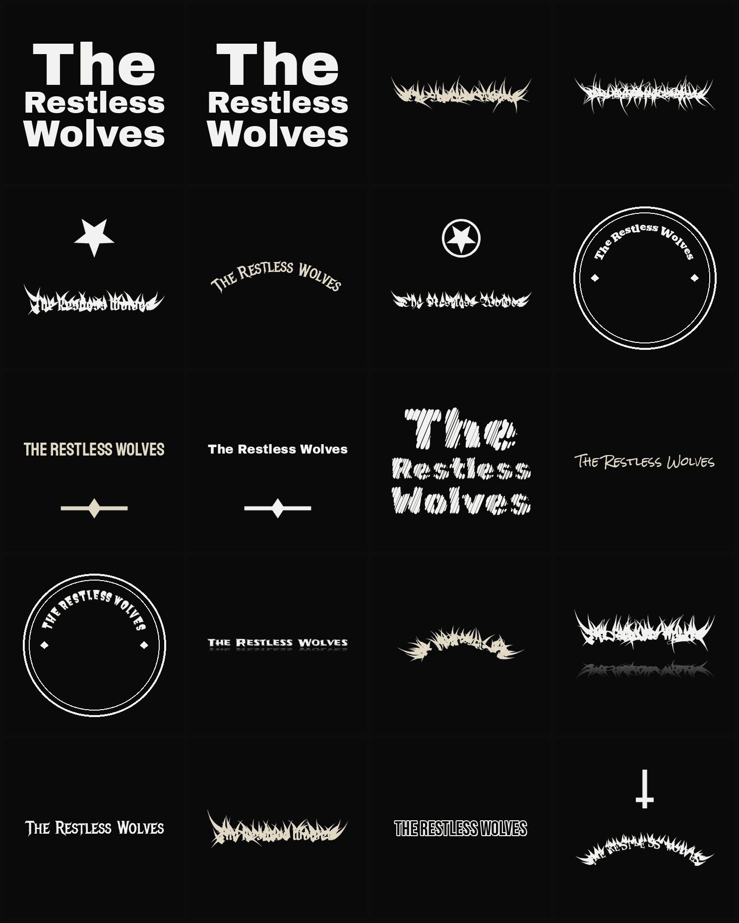 Twenty The Restless Wolves band logo ideas — different faces, treatments and spike settings
