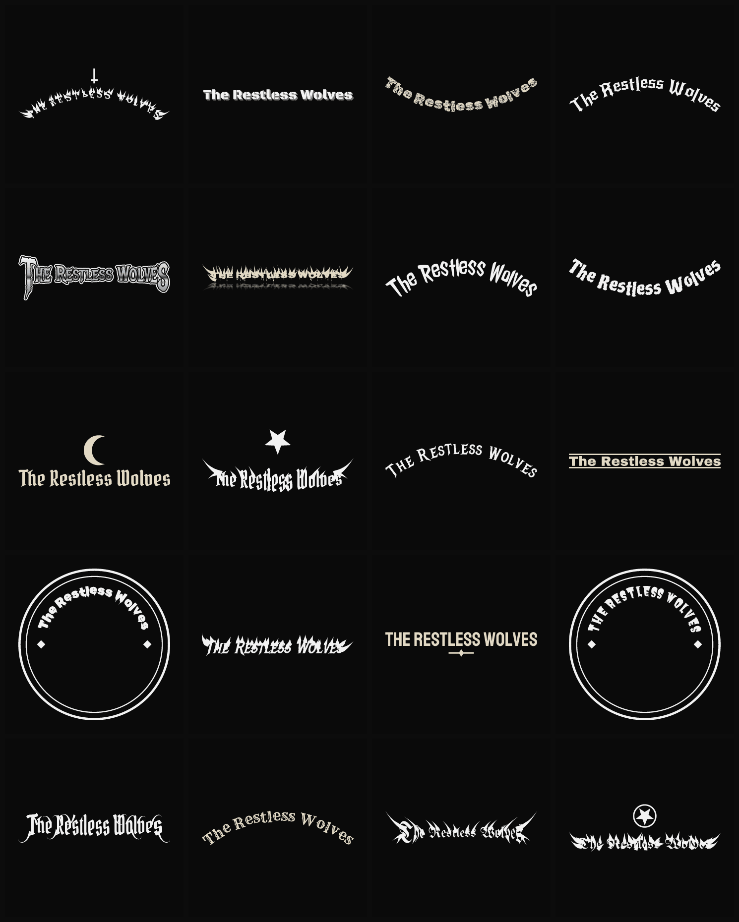 Twenty The Restless Wolves band logo ideas — different faces, treatments and spike settings