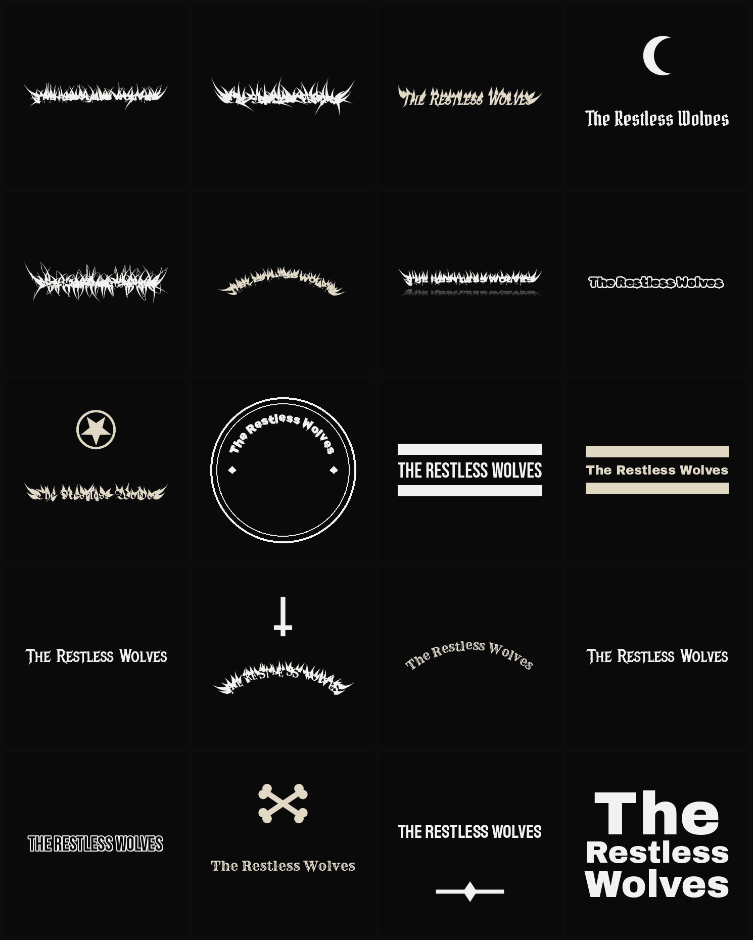 Twenty The Restless Wolves band logo ideas — different faces, treatments and spike settings
