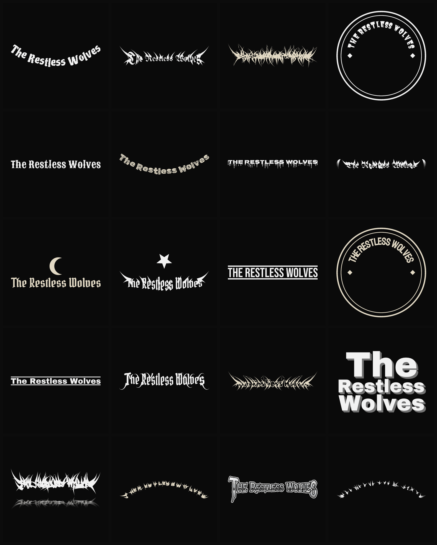 Twenty The Restless Wolves band logo ideas — different faces, treatments and spike settings