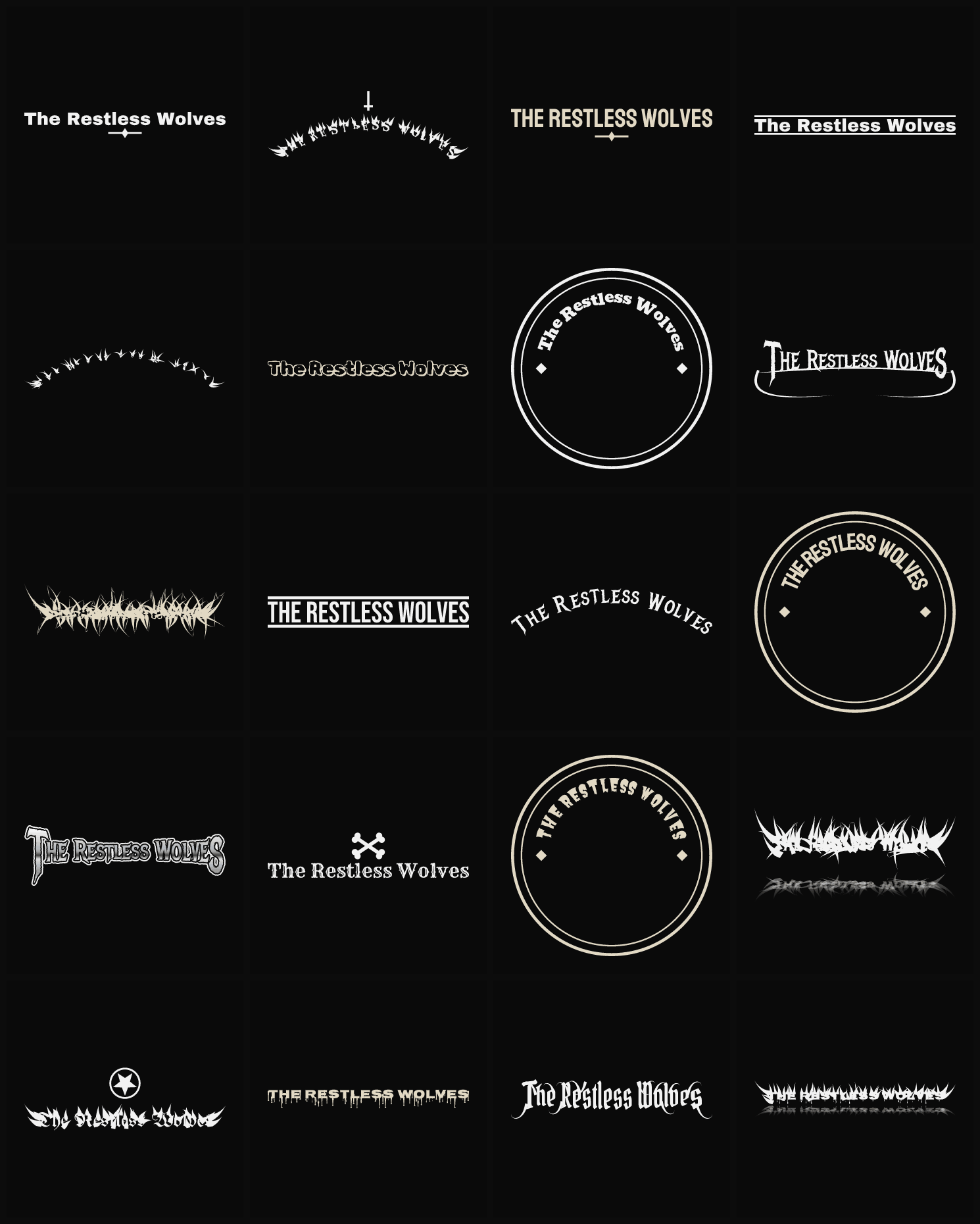 Twenty The Restless Wolves band logo ideas — different faces, treatments and spike settings