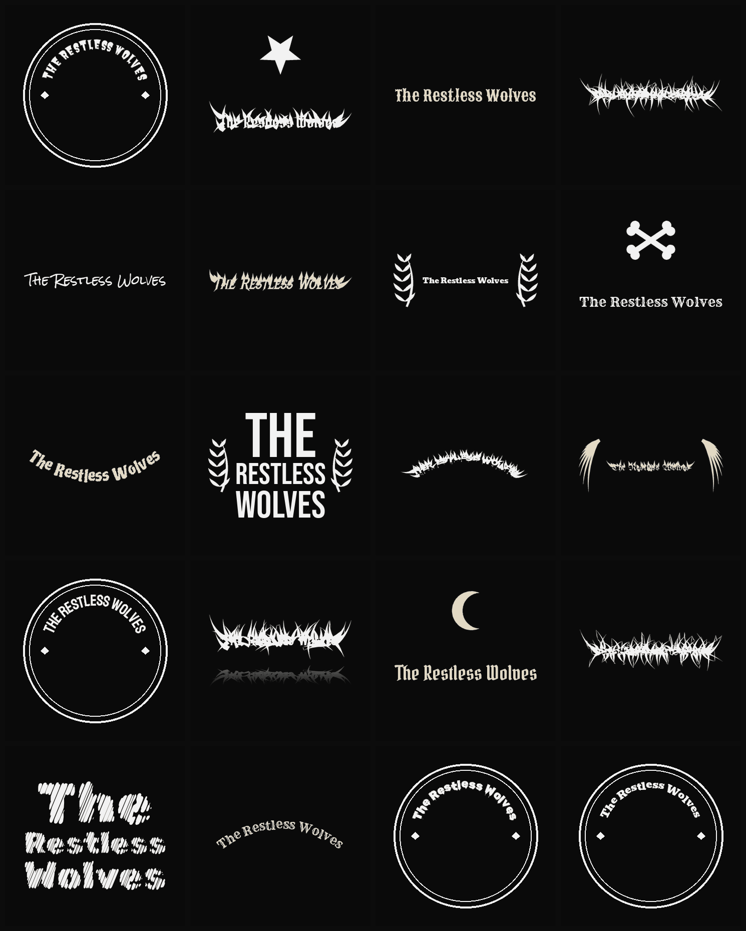 Twenty The Restless Wolves band logo ideas — different faces, treatments and spike settings