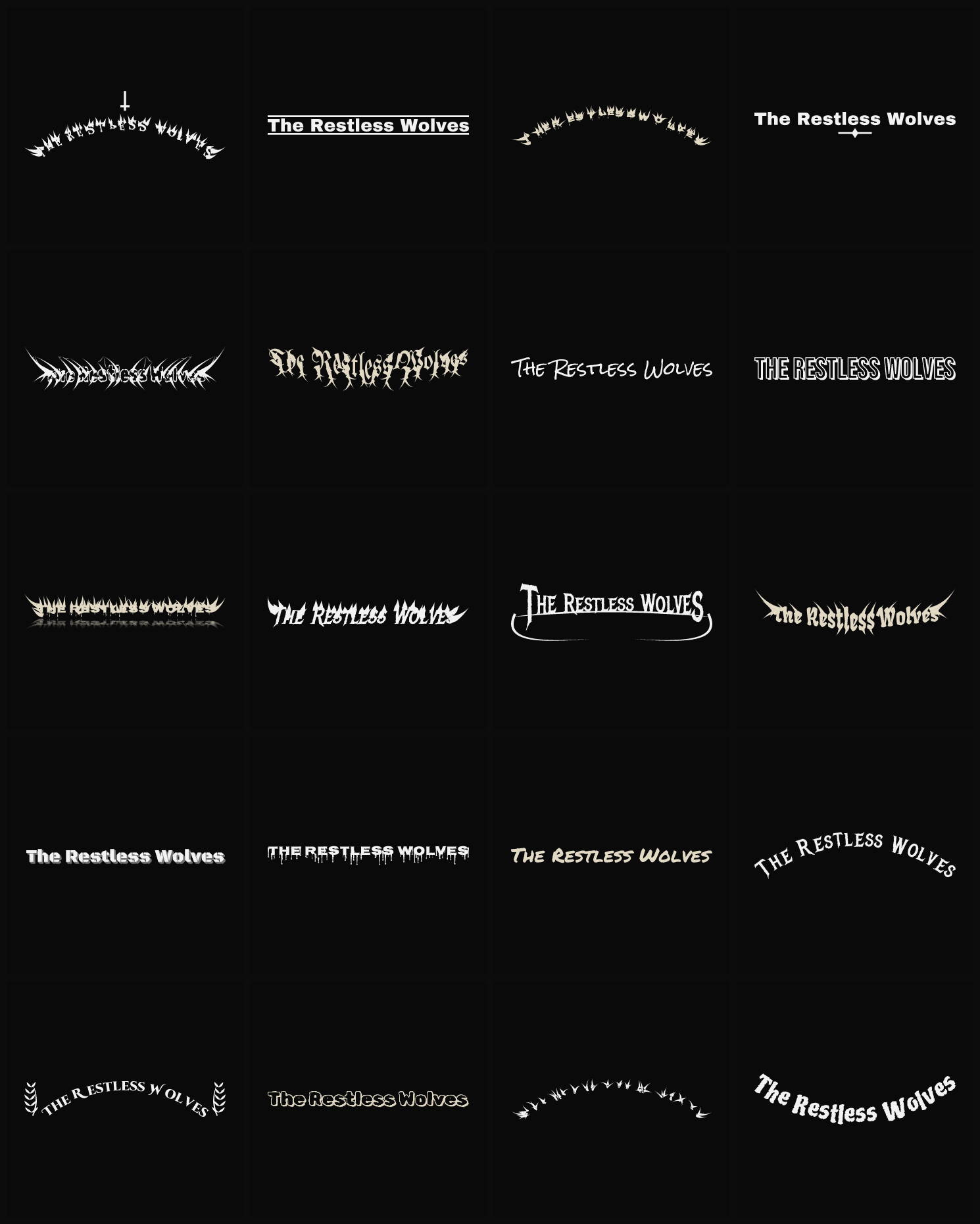 Twenty The Restless Wolves band logo ideas — different faces, treatments and spike settings