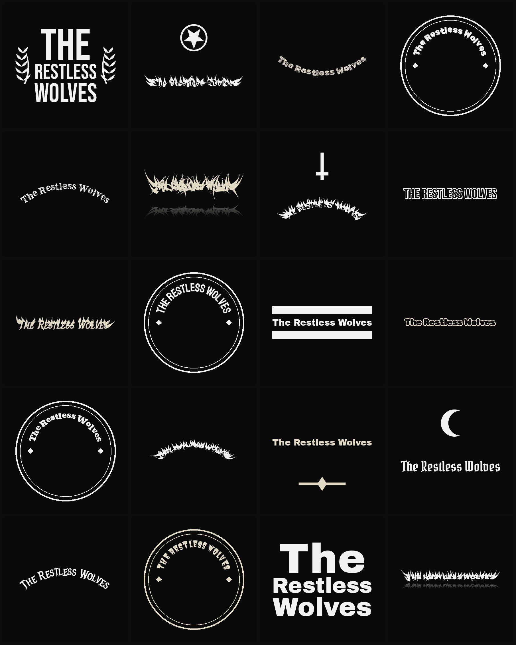 Twenty The Restless Wolves band logo ideas — different faces, treatments and spike settings