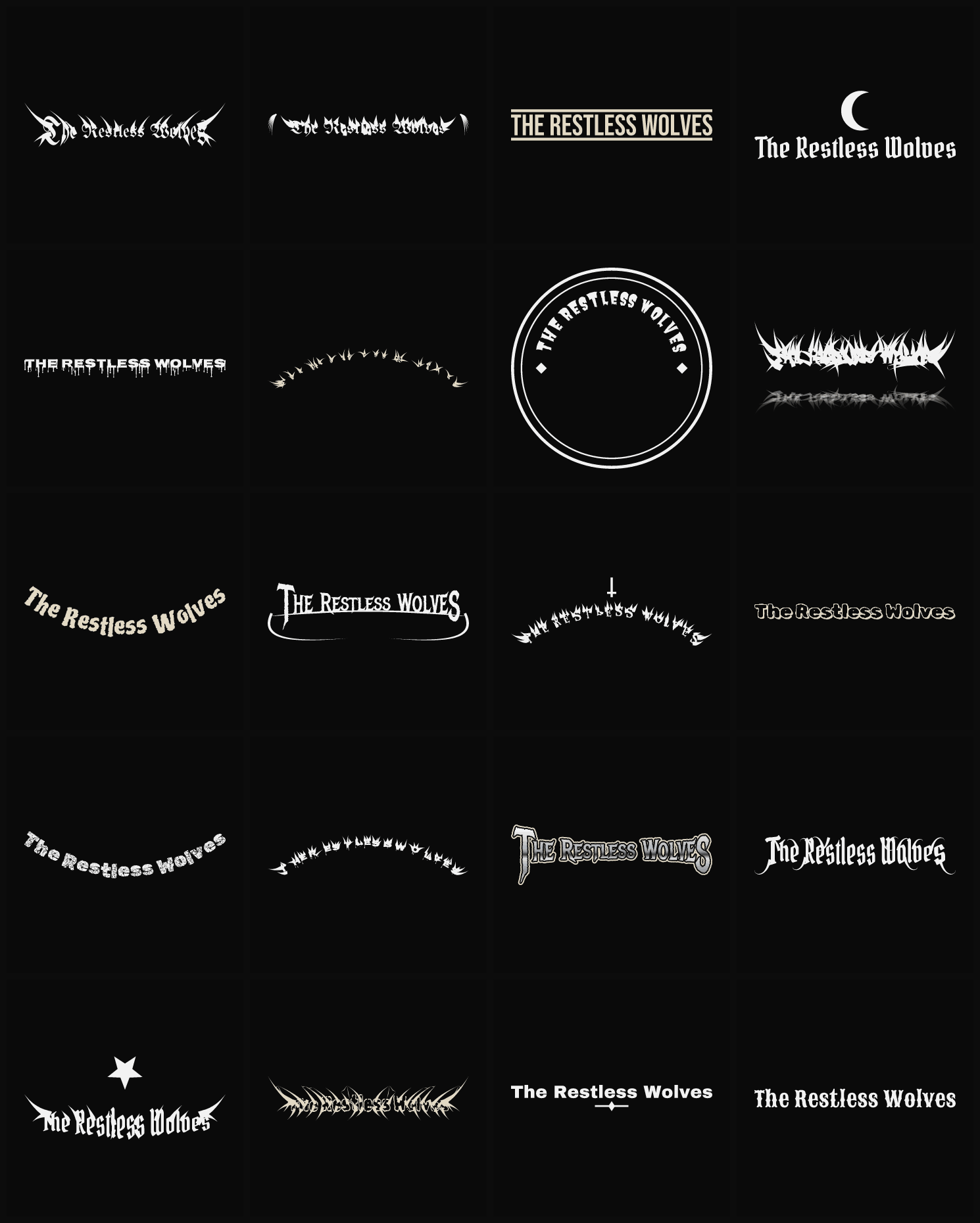 Twenty The Restless Wolves band logo ideas — different faces, treatments and spike settings