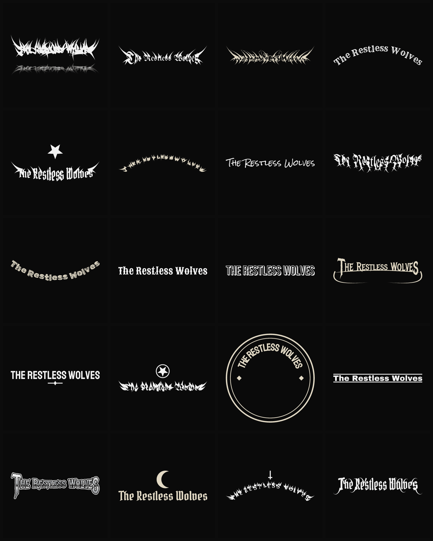 Twenty The Restless Wolves band logo ideas — different faces, treatments and spike settings