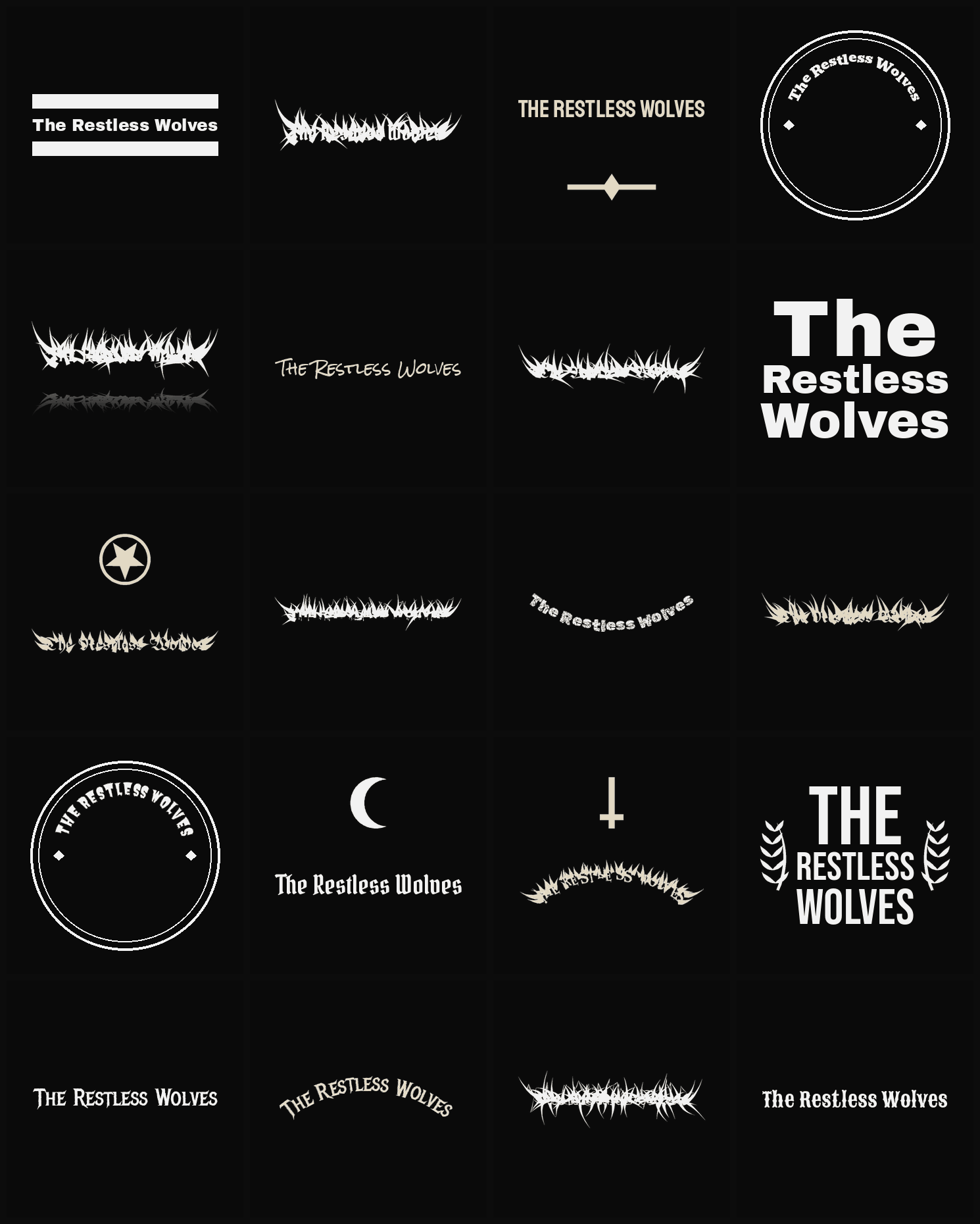 Twenty The Restless Wolves band logo ideas — different faces, treatments and spike settings
