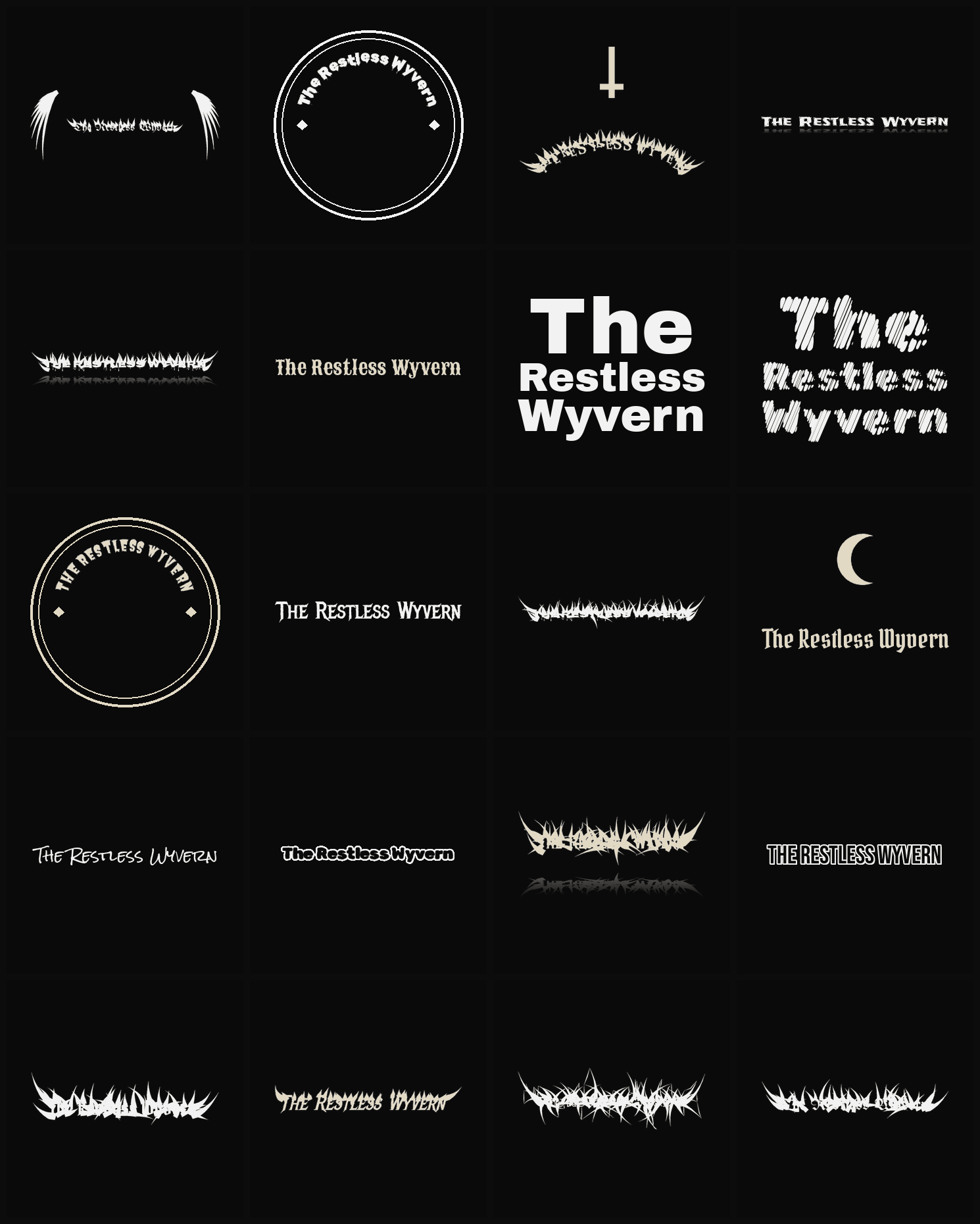 Twenty The Restless Wyvern band logo ideas — different faces, treatments and spike settings