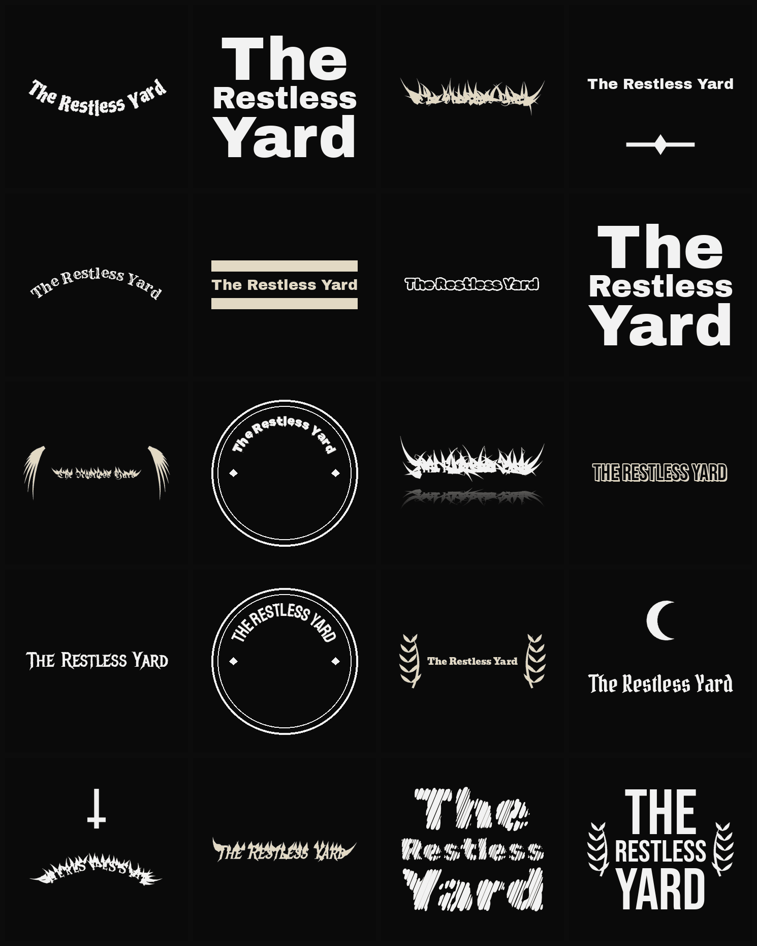 Twenty The Restless Yard band logo ideas — different faces, treatments and spike settings