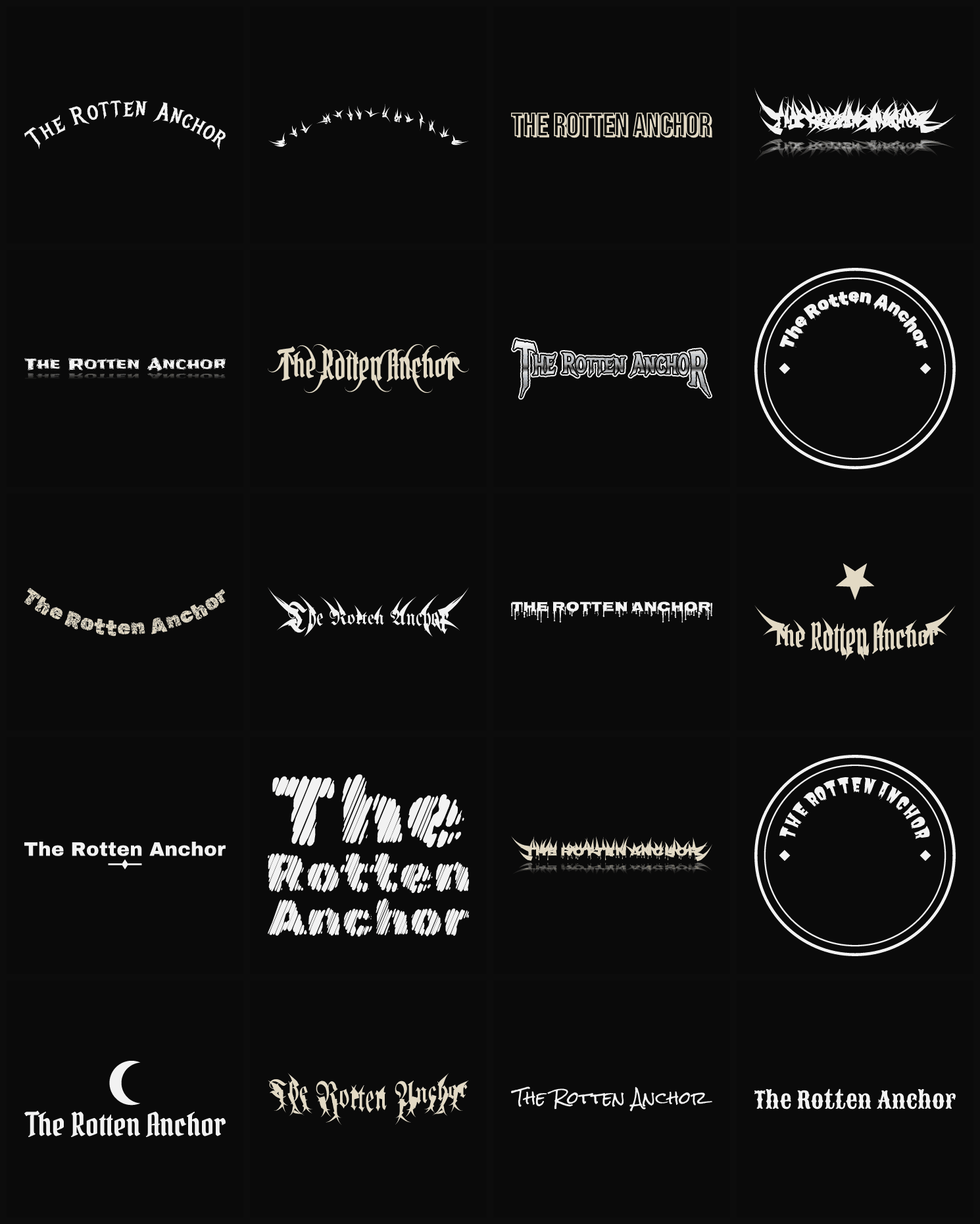 Twenty The Rotten Anchor band logo ideas — different faces, treatments and spike settings