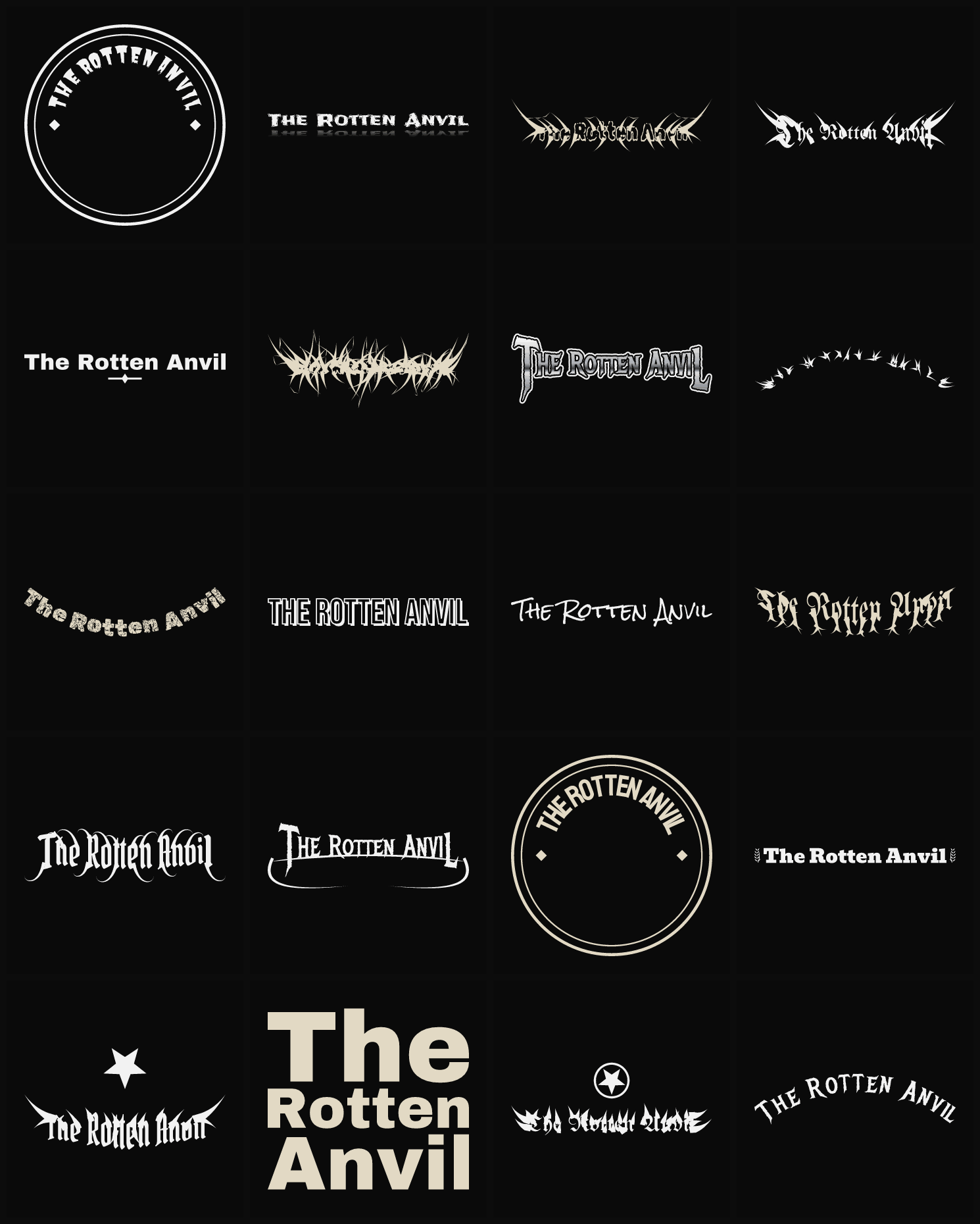 Twenty The Rotten Anvil band logo ideas — different faces, treatments and spike settings