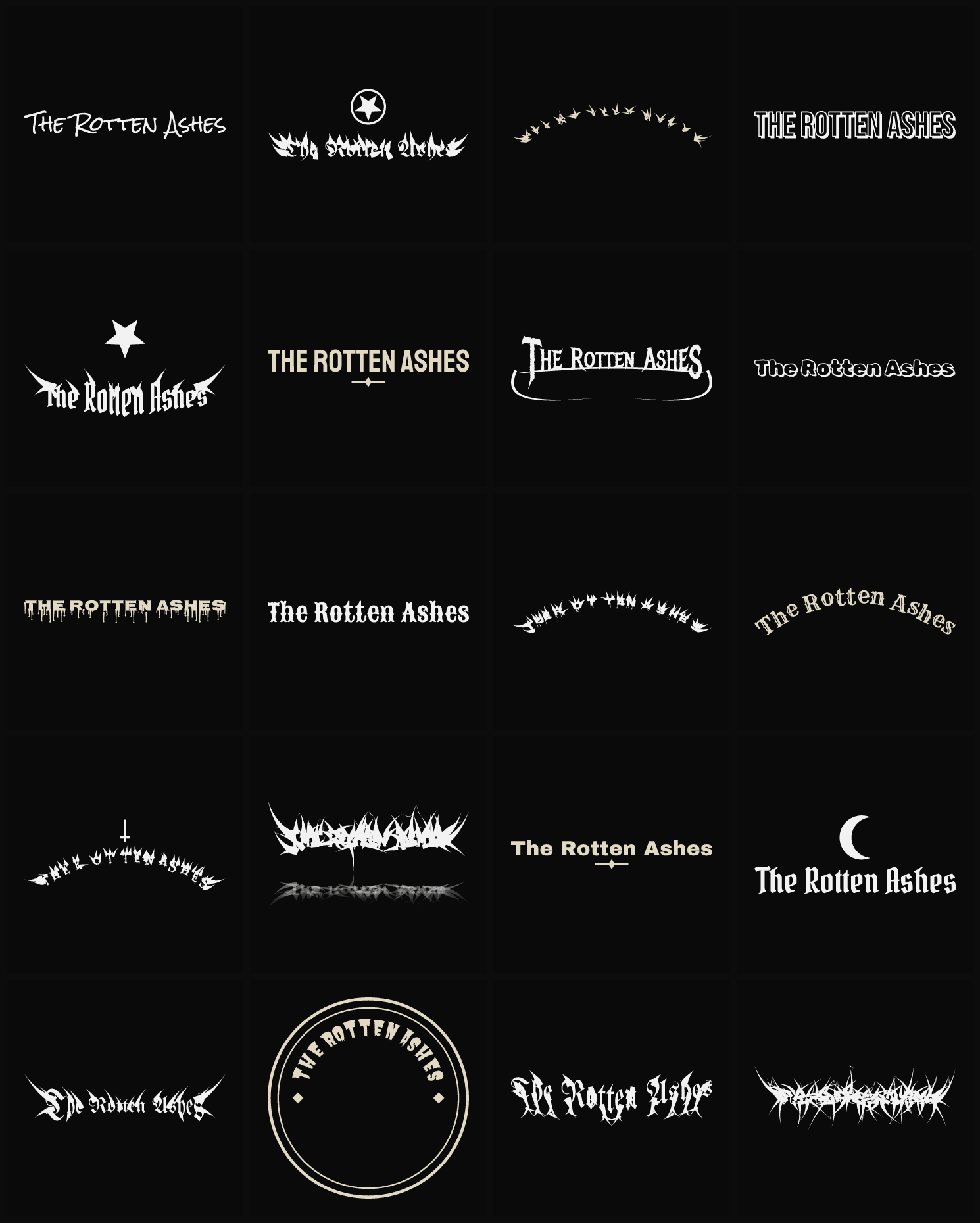 Twenty The Rotten Ashes band logo ideas — different faces, treatments and spike settings