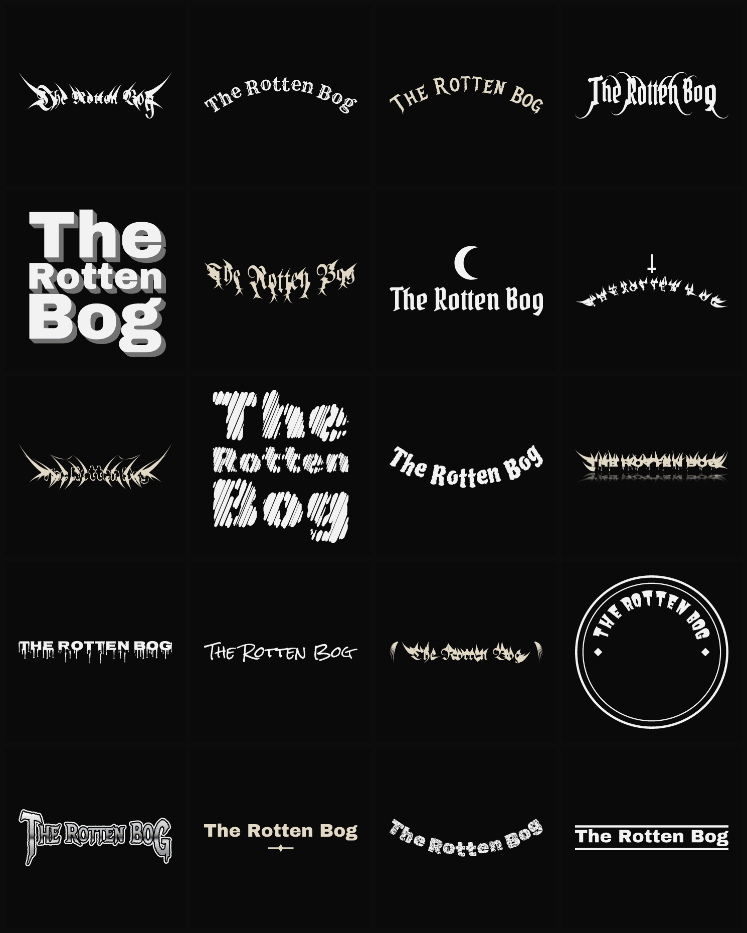 Twenty The Rotten Bog band logo ideas — different faces, treatments and spike settings
