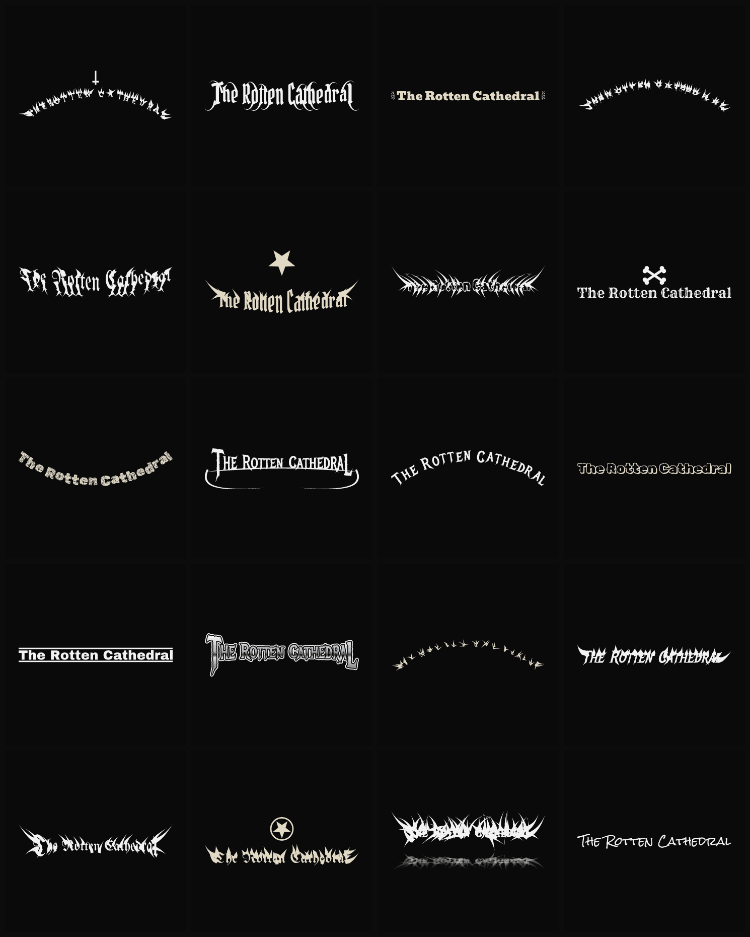 Twenty The Rotten Cathedral band logo ideas — different faces, treatments and spike settings