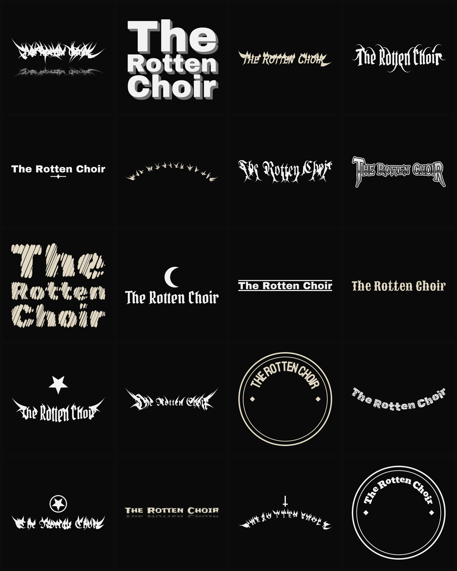 Twenty The Rotten Choir band logo ideas — different faces, treatments and spike settings
