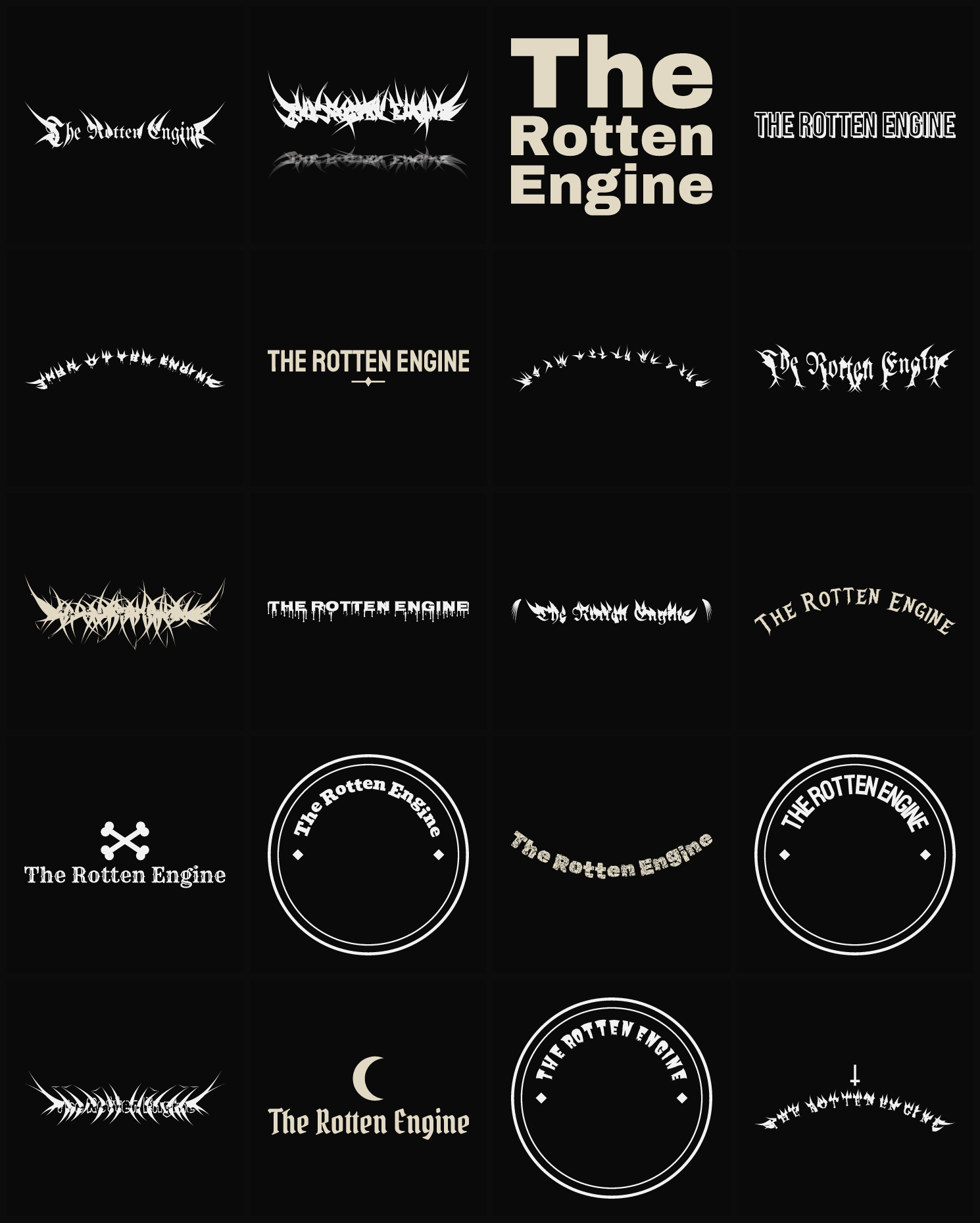 Twenty The Rotten Engine band logo ideas — different faces, treatments and spike settings
