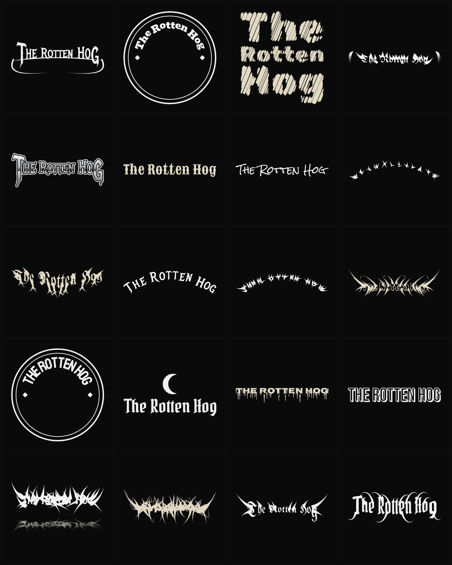Twenty The Rotten Hog band logo ideas — different faces, treatments and spike settings