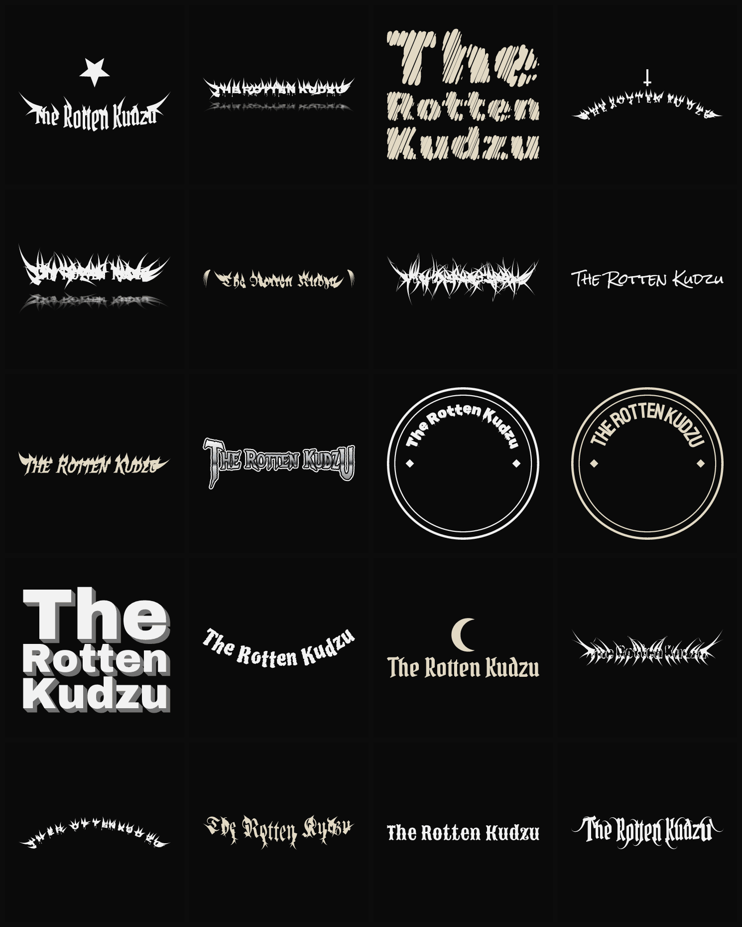 Twenty The Rotten Kudzu band logo ideas — different faces, treatments and spike settings