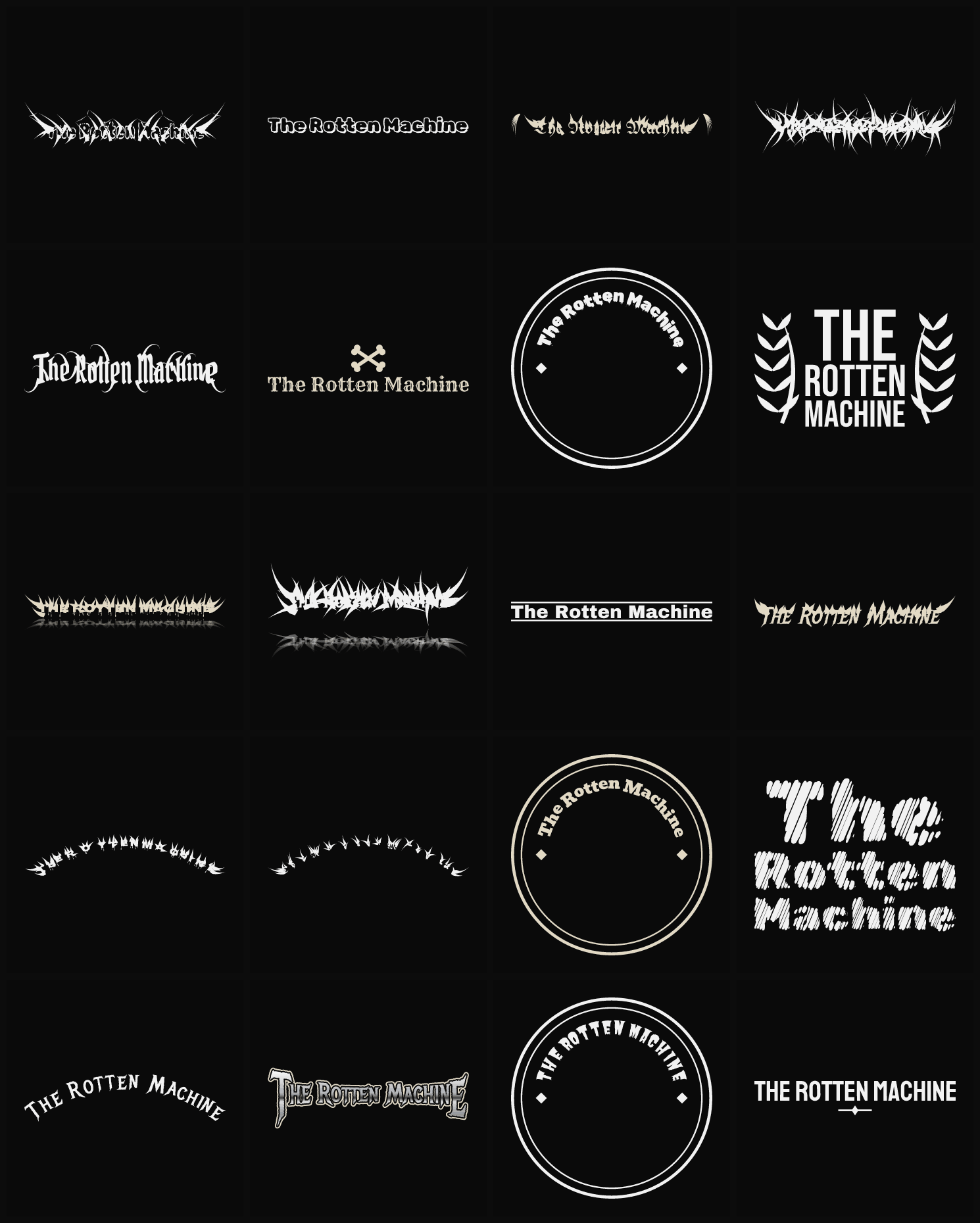 Twenty The Rotten Machine band logo ideas — different faces, treatments and spike settings