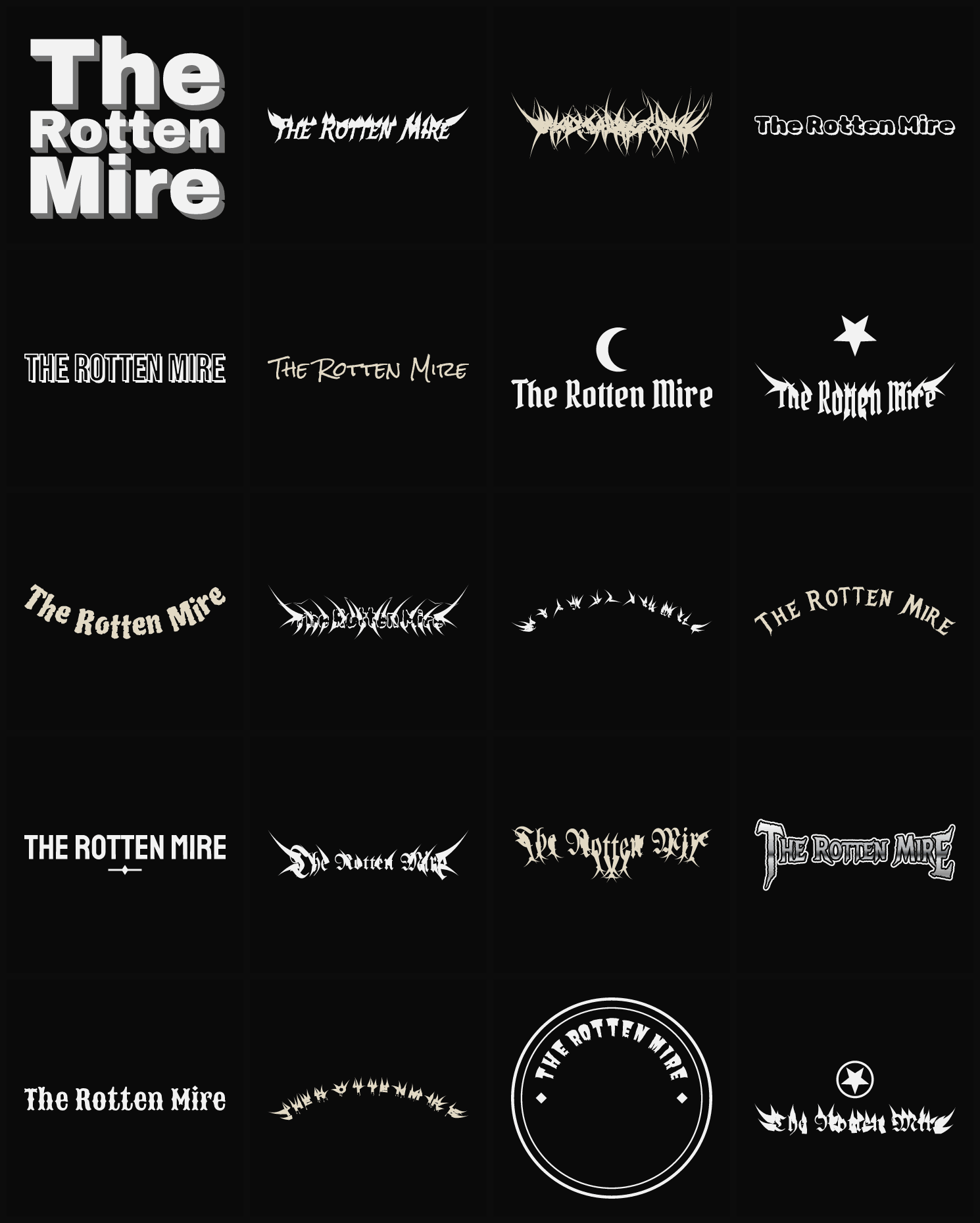 Twenty The Rotten Mire band logo ideas — different faces, treatments and spike settings