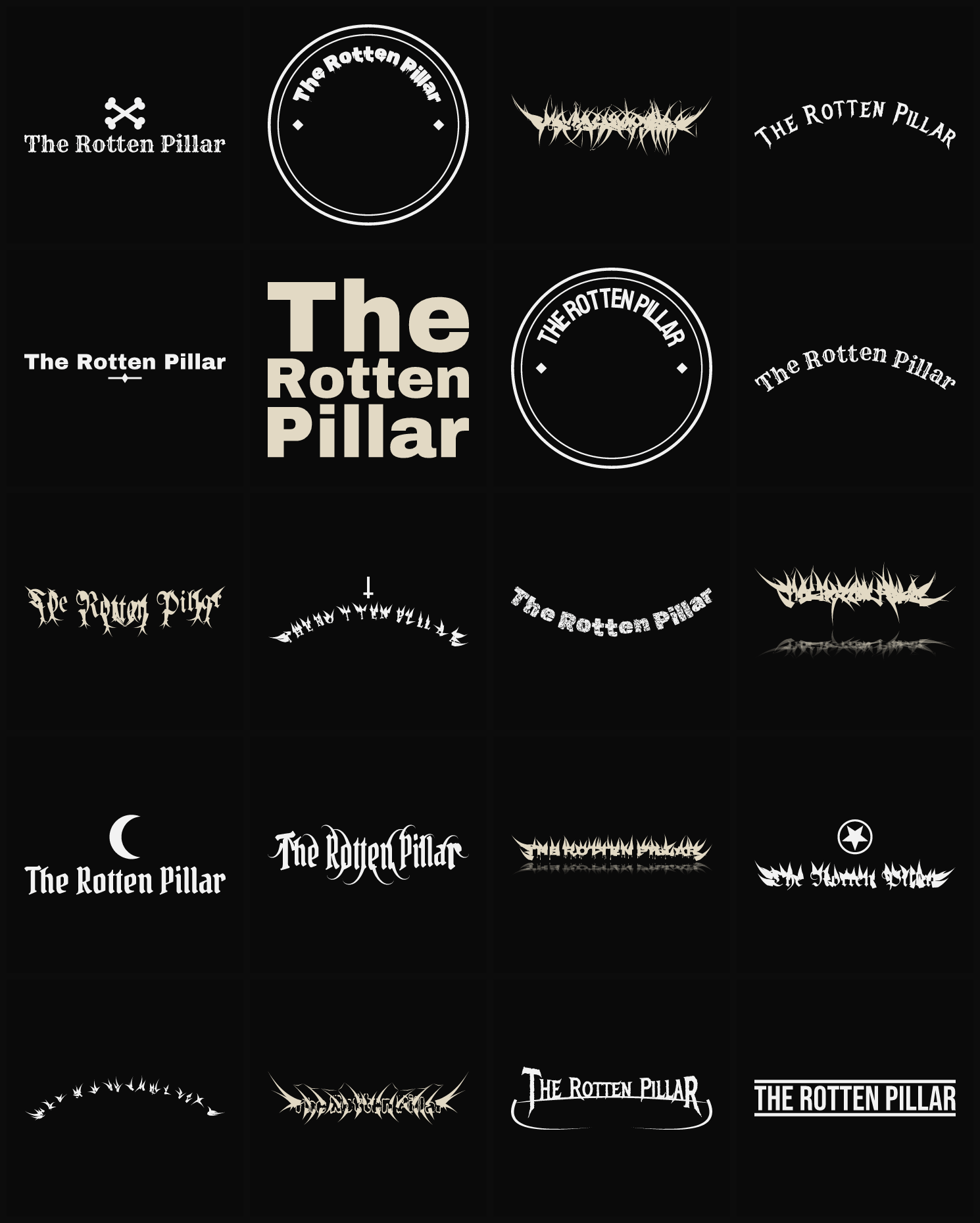 Twenty The Rotten Pillar band logo ideas — different faces, treatments and spike settings