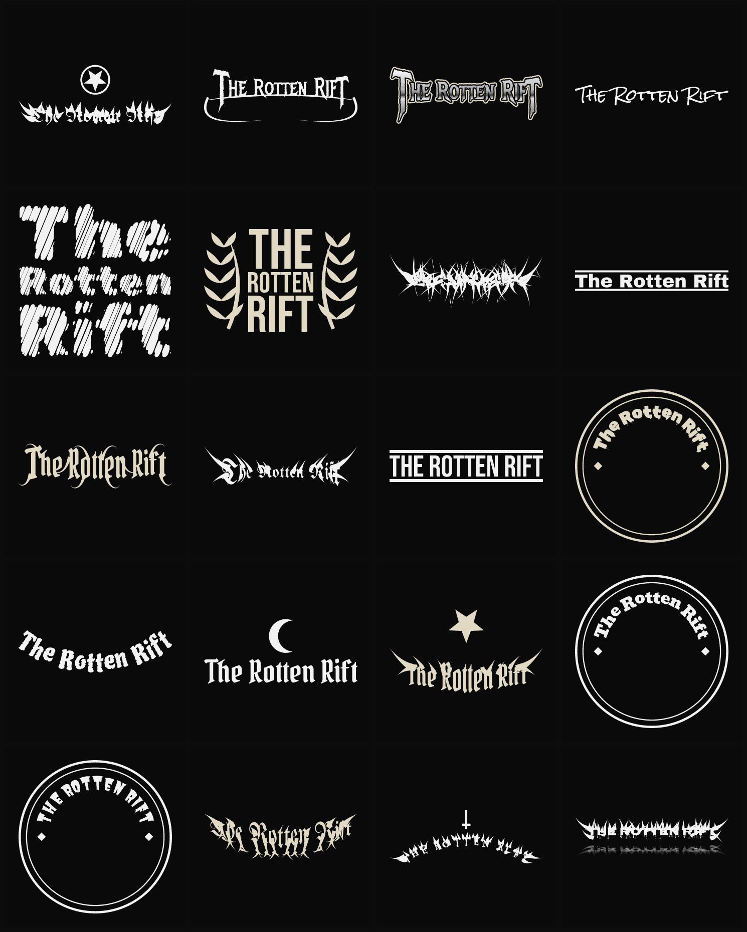 Twenty The Rotten Rift band logo ideas — different faces, treatments and spike settings