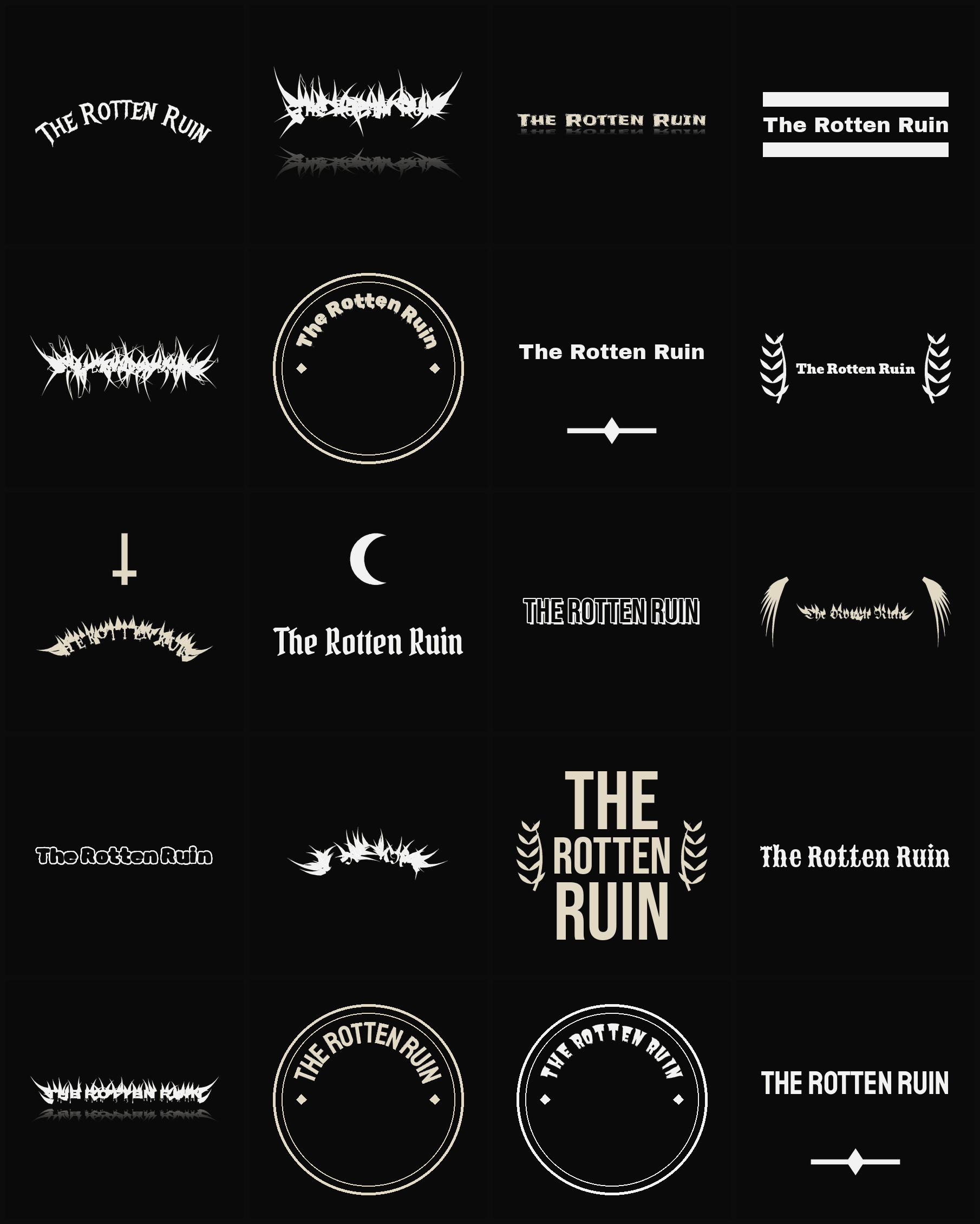 Twenty The Rotten Ruin band logo ideas — different faces, treatments and spike settings