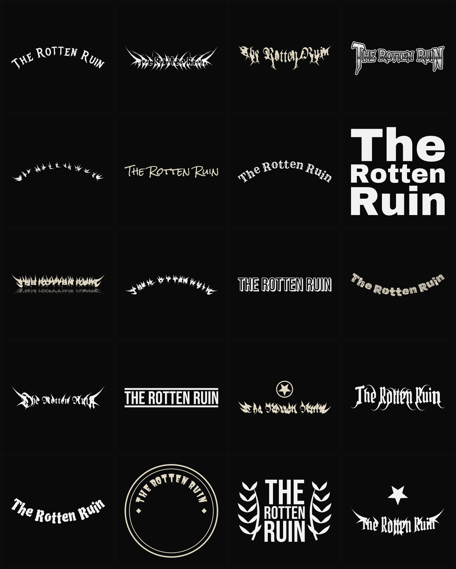 Twenty The Rotten Ruin band logo ideas — different faces, treatments and spike settings