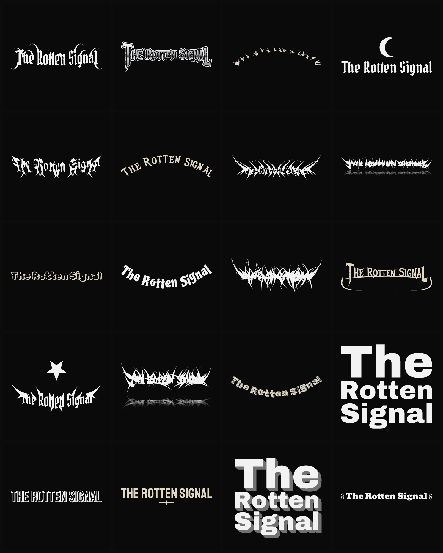 Twenty The Rotten Signal band logo ideas — different faces, treatments and spike settings