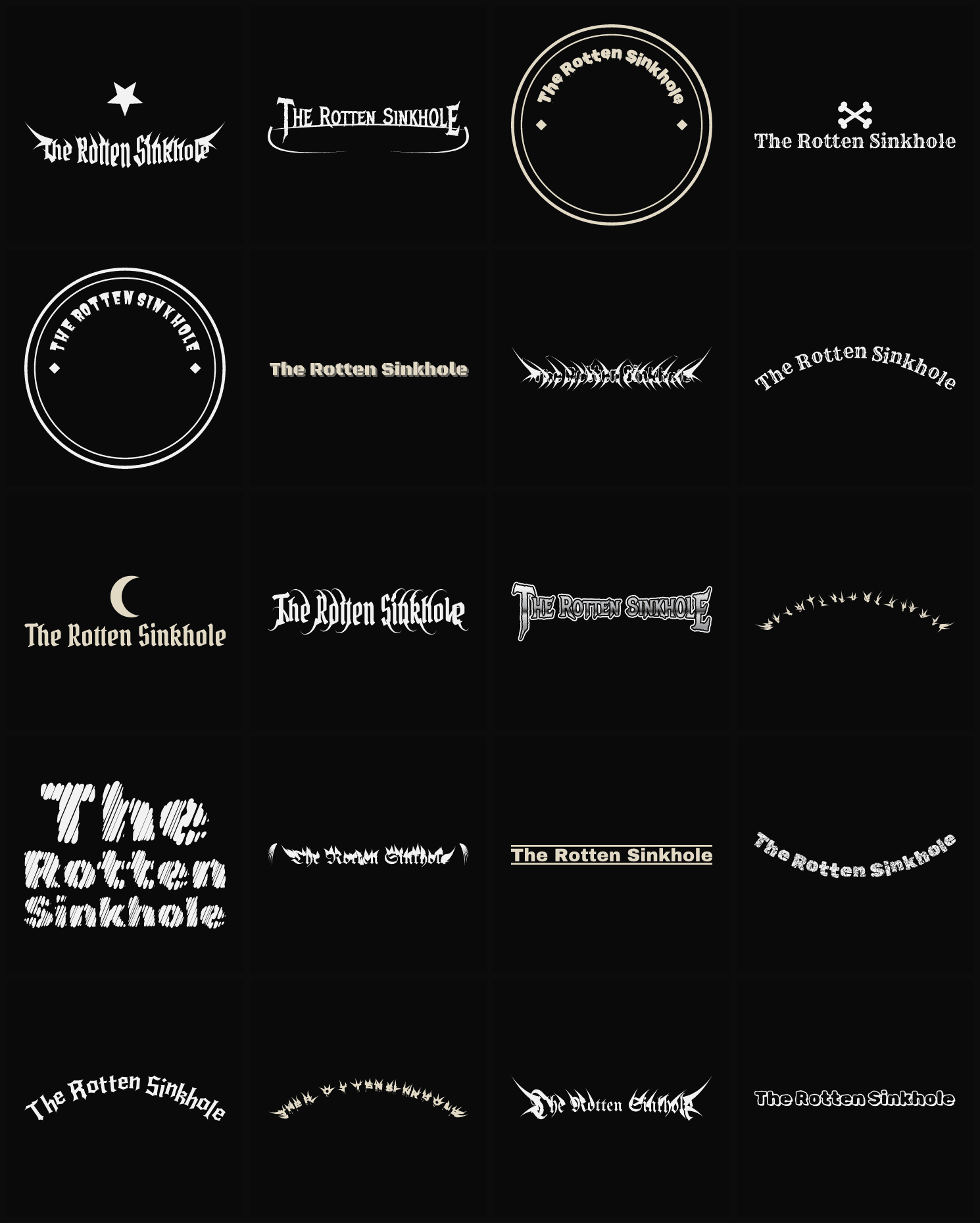 Twenty The Rotten Sinkhole band logo ideas — different faces, treatments and spike settings