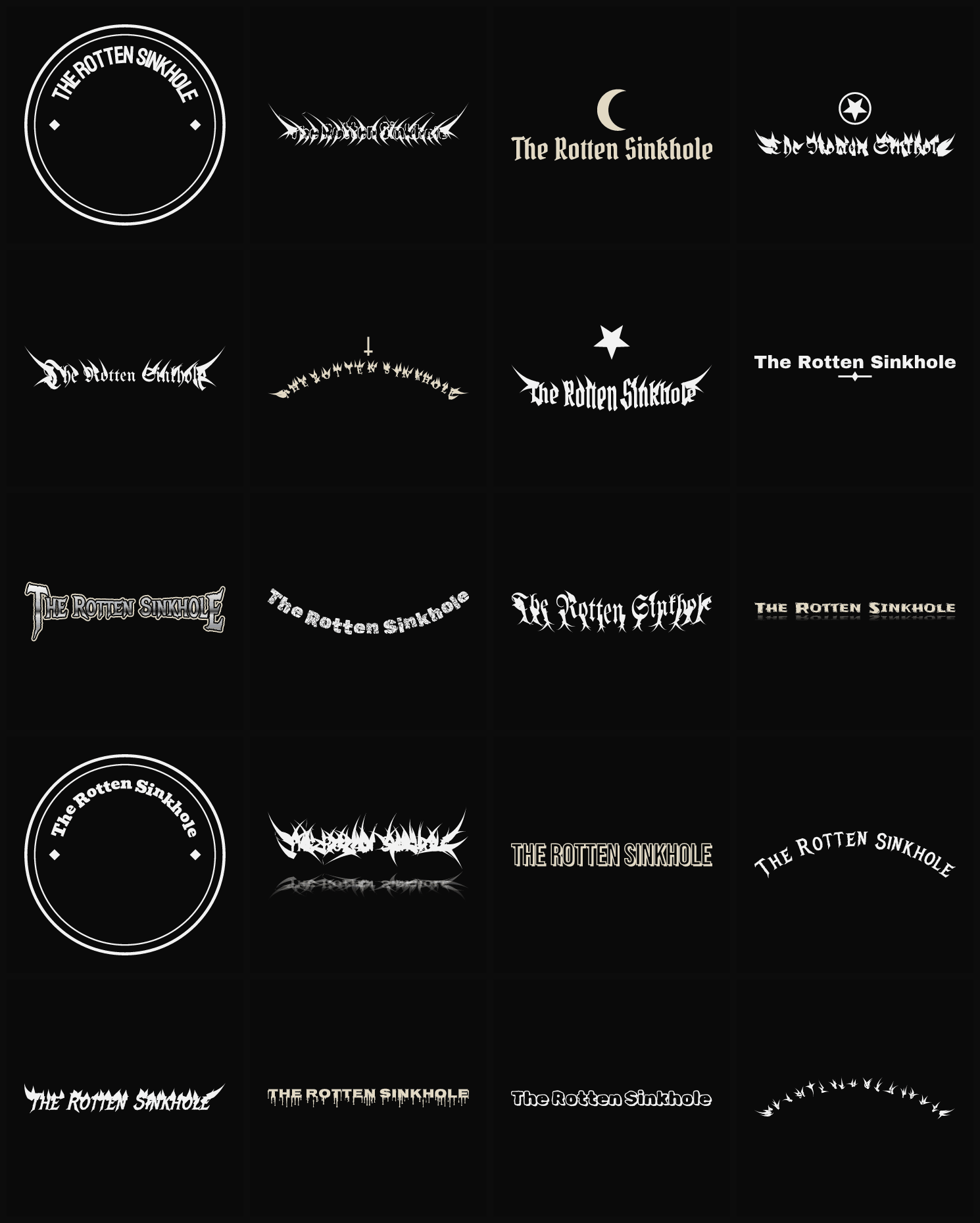 Twenty The Rotten Sinkhole band logo ideas — different faces, treatments and spike settings