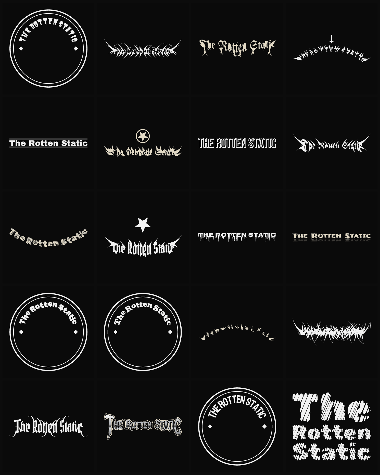 Twenty The Rotten Static band logo ideas — different faces, treatments and spike settings