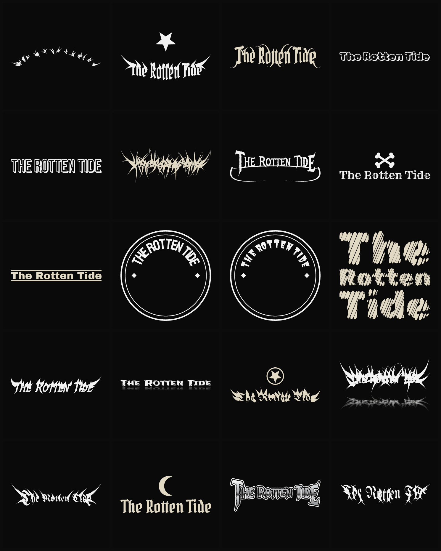 Twenty The Rotten Tide band logo ideas — different faces, treatments and spike settings