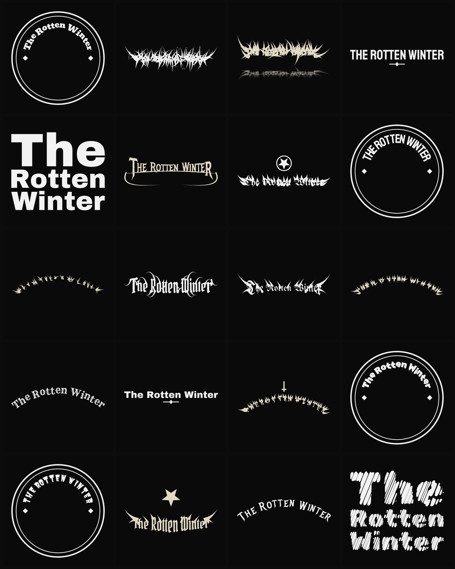 Twenty The Rotten Winter band logo ideas — different faces, treatments and spike settings
