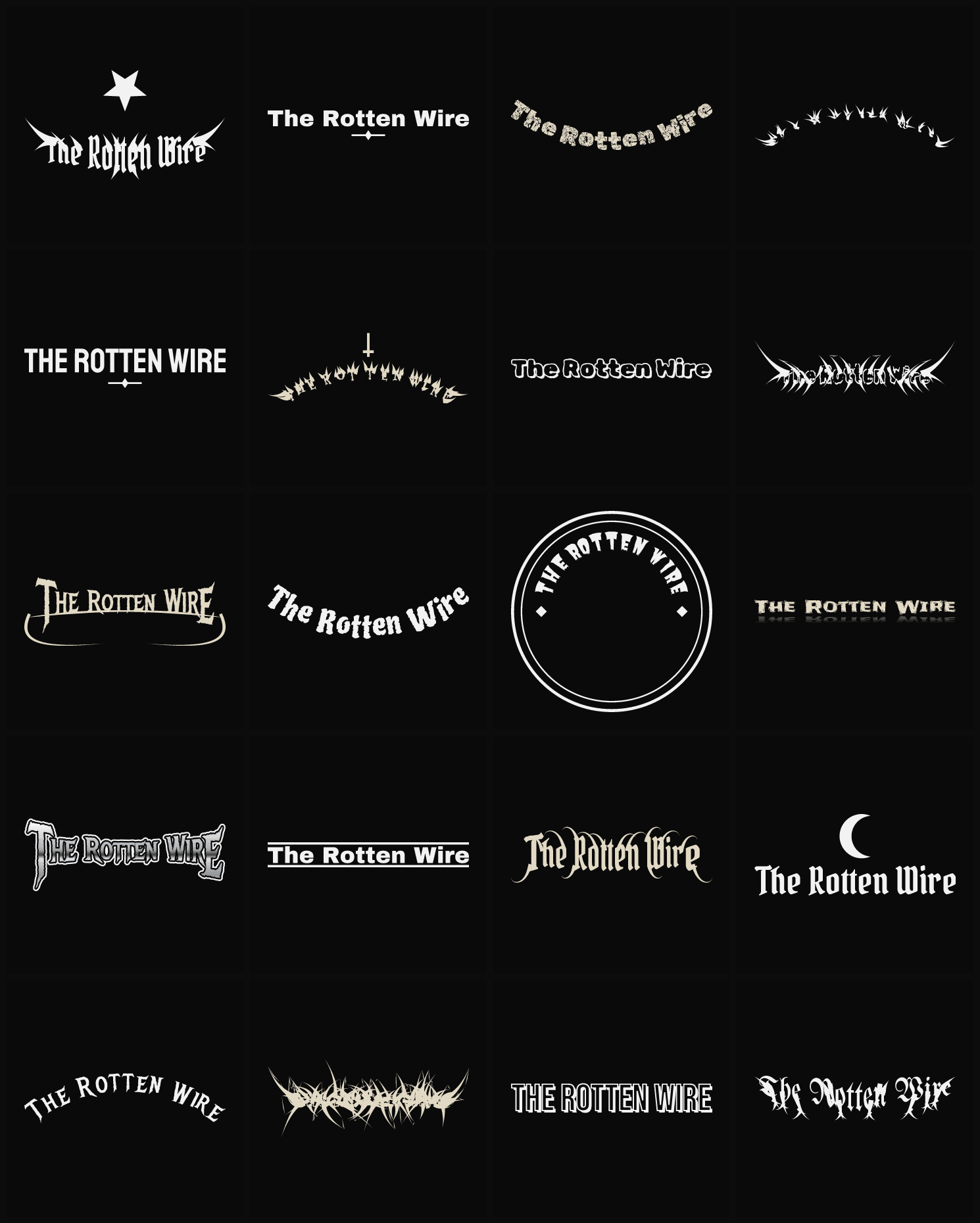 Twenty The Rotten Wire band logo ideas — different faces, treatments and spike settings