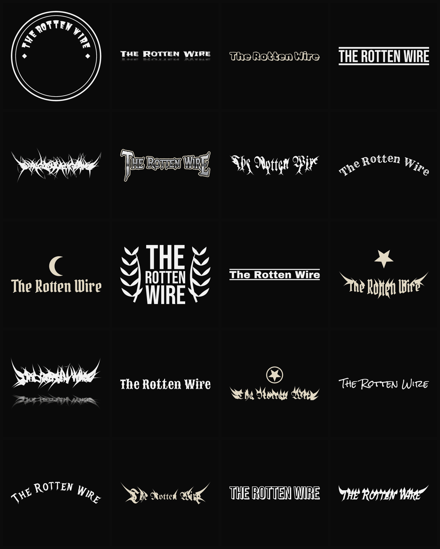 Twenty The Rotten Wire band logo ideas — different faces, treatments and spike settings