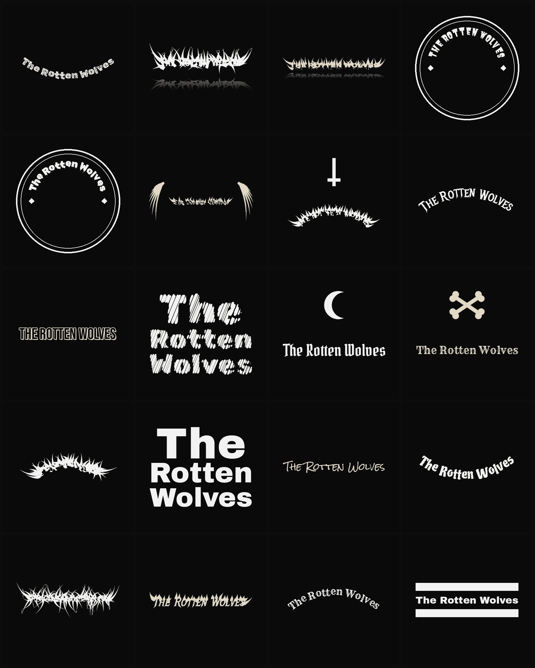 Twenty The Rotten Wolves band logo ideas — different faces, treatments and spike settings
