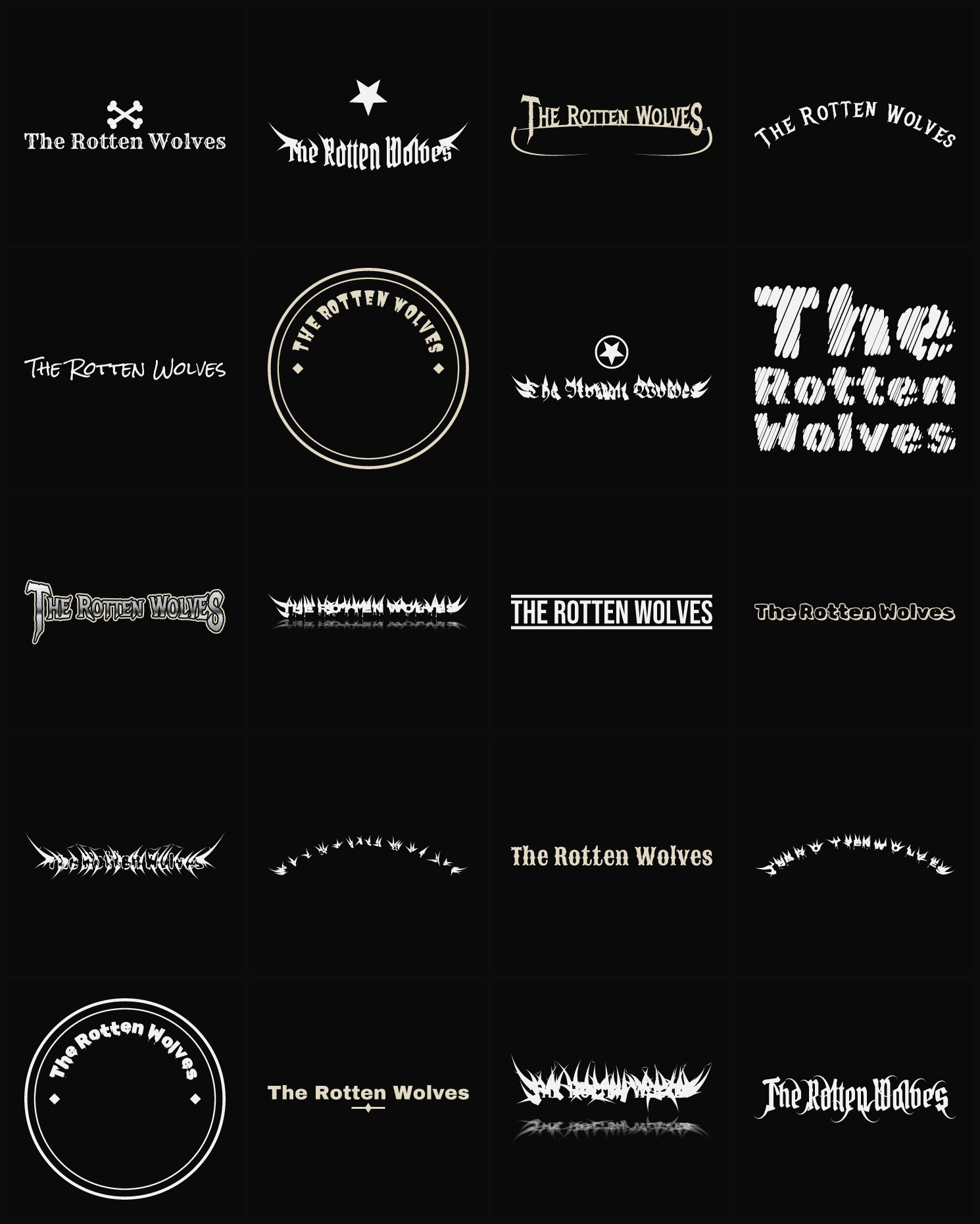 Twenty The Rotten Wolves band logo ideas — different faces, treatments and spike settings
