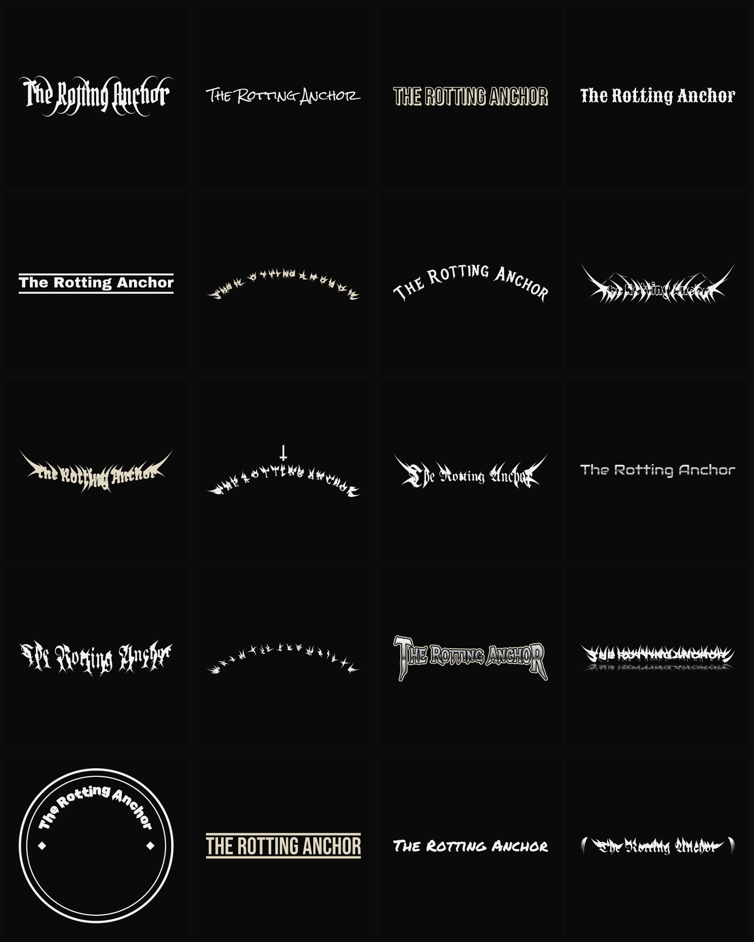 Twenty The Rotting Anchor band logo ideas — different faces, treatments and spike settings