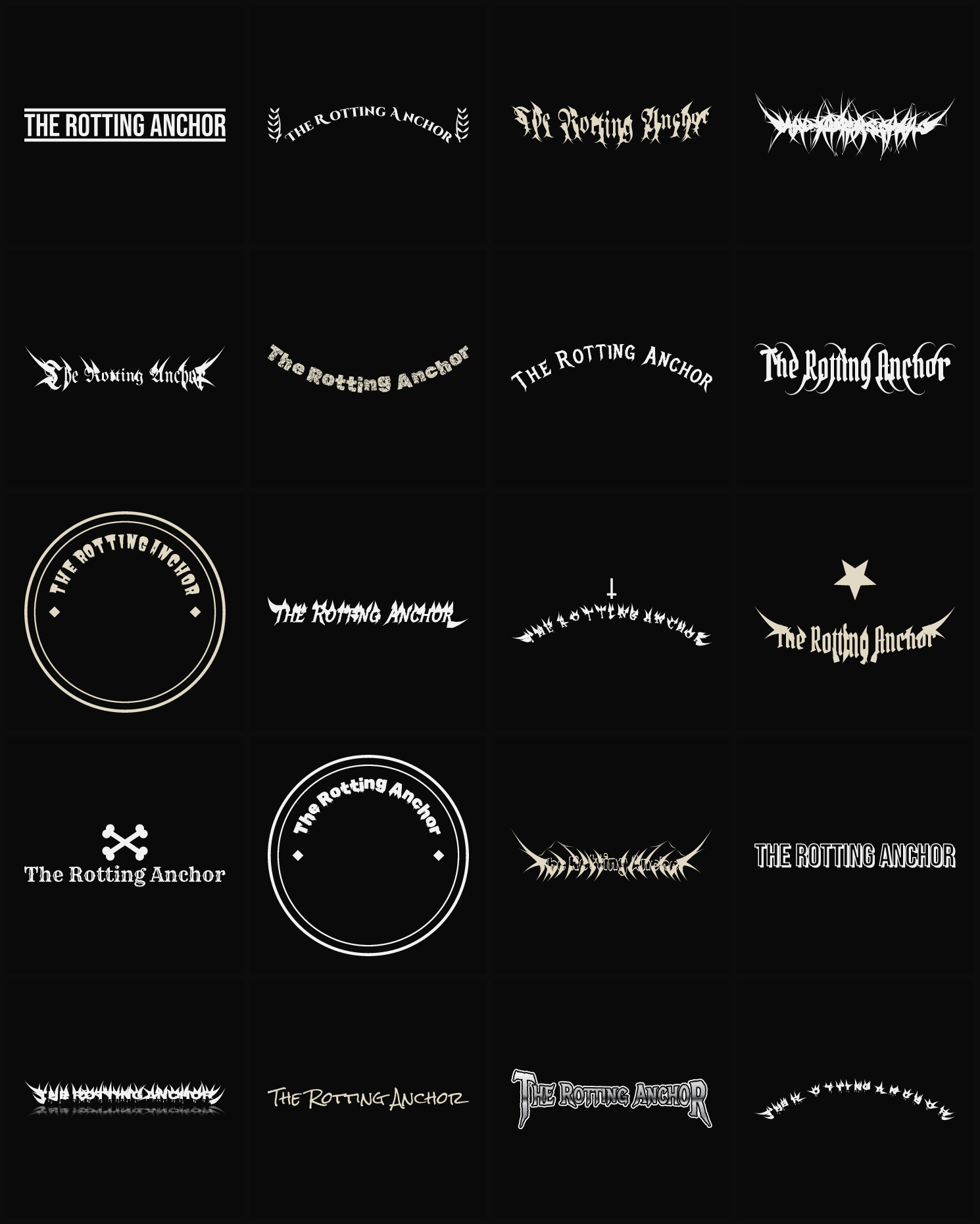 Twenty The Rotting Anchor band logo ideas — different faces, treatments and spike settings