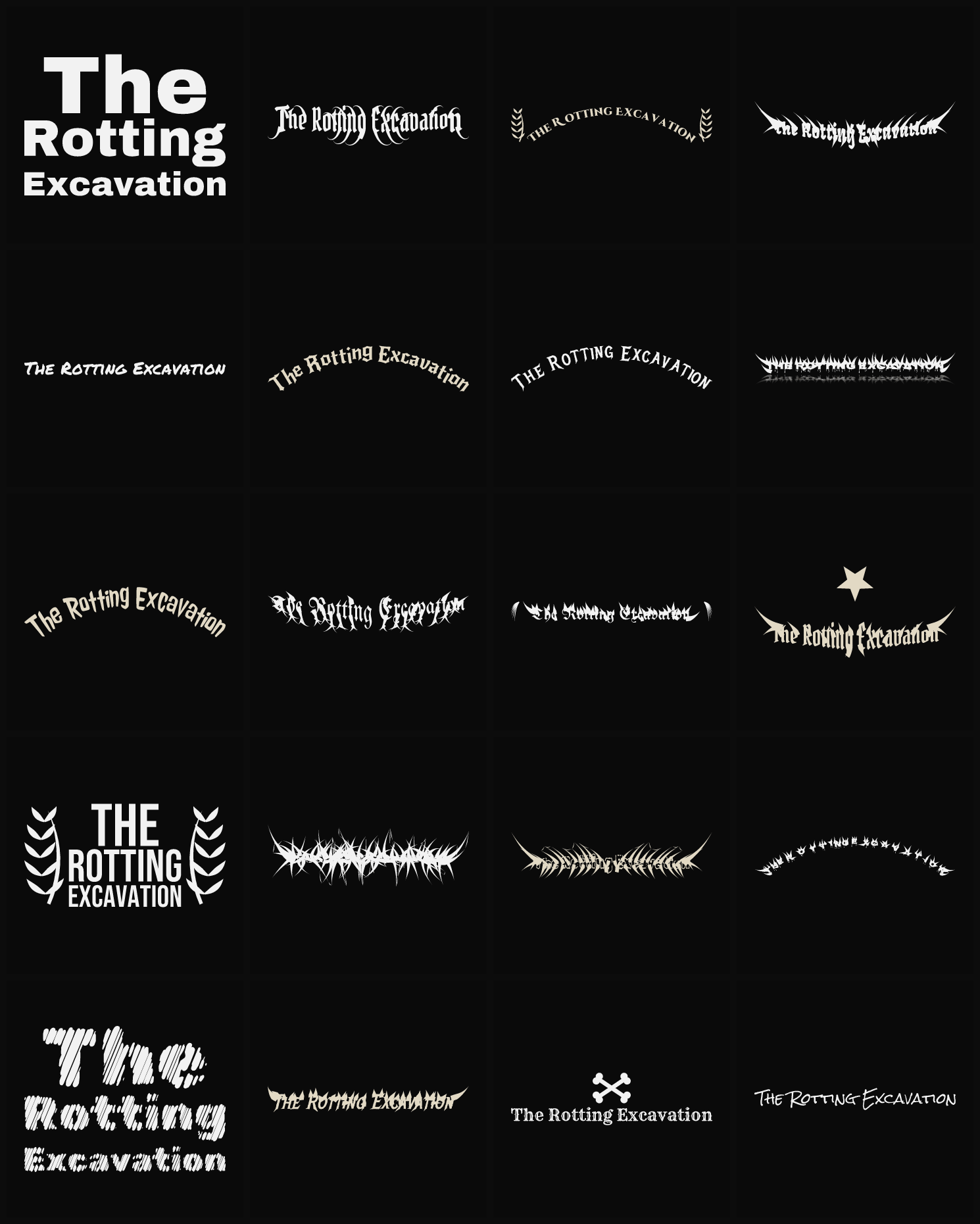Twenty The Rotting Excavation band logo ideas — different faces, treatments and spike settings