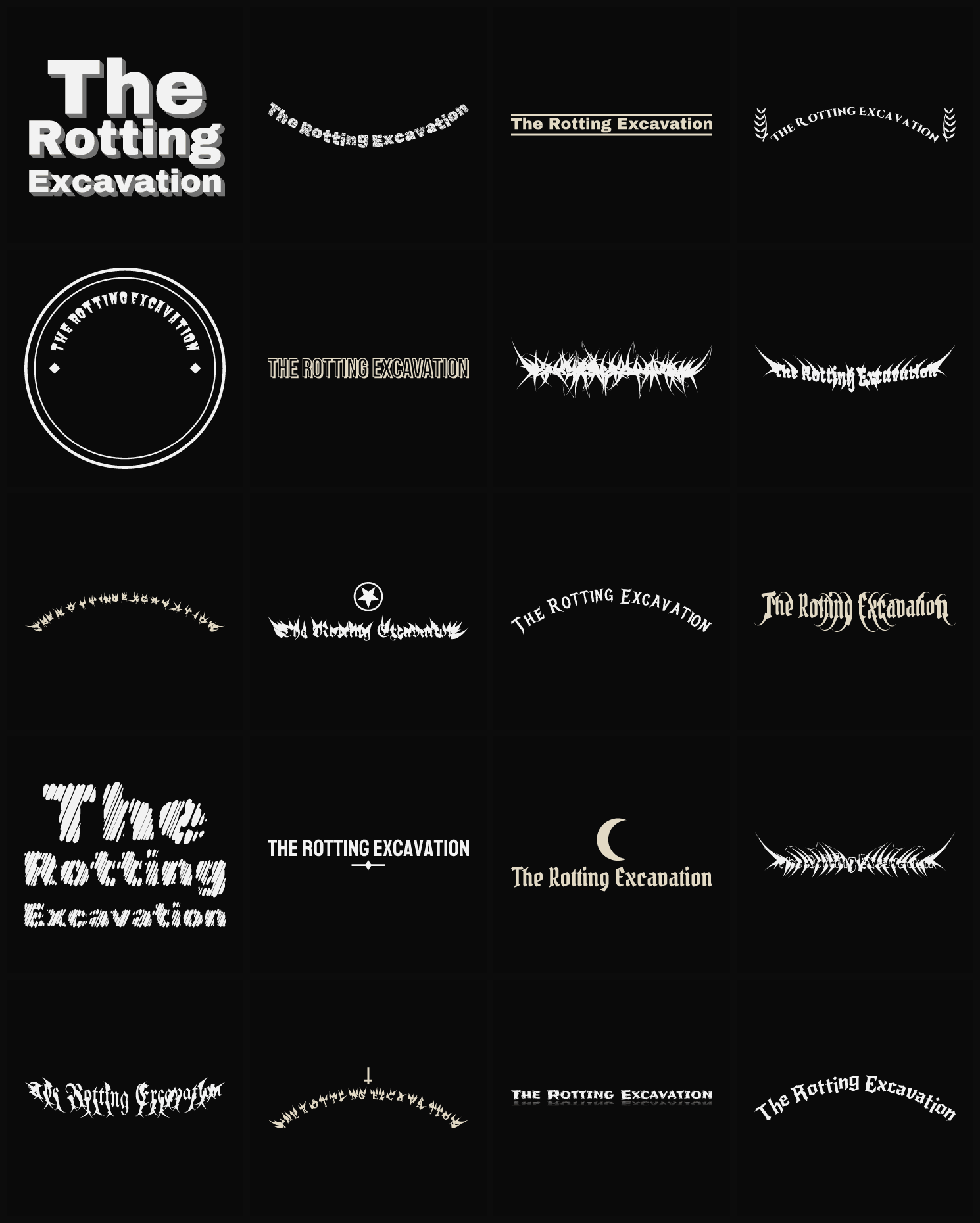 Twenty The Rotting Excavation band logo ideas — different faces, treatments and spike settings
