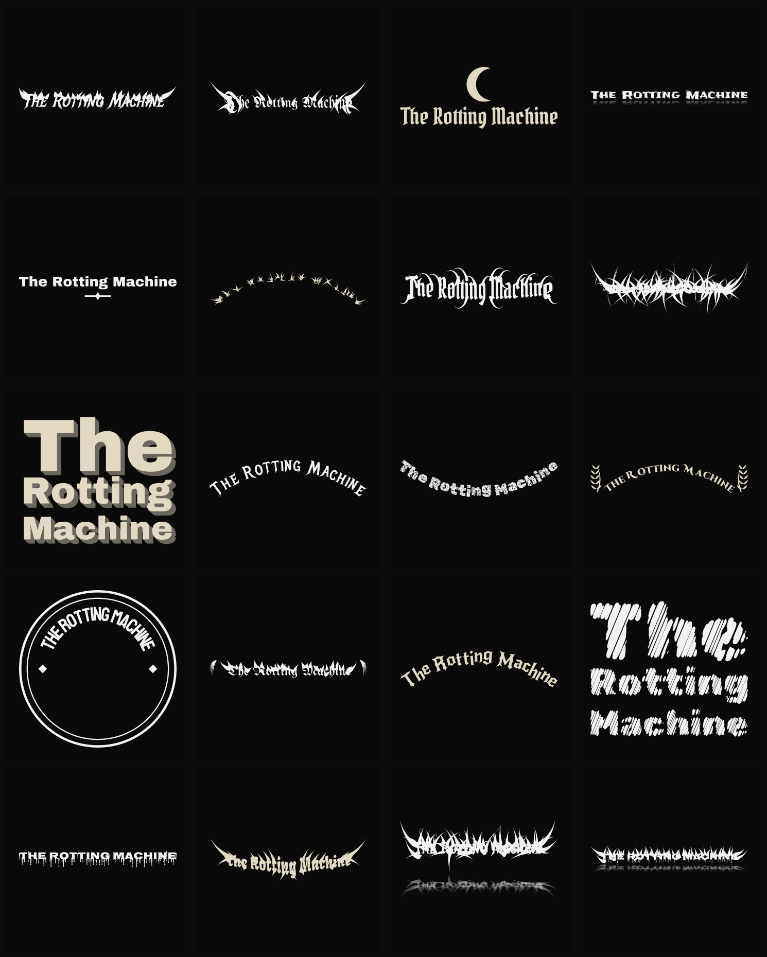 Twenty The Rotting Machine band logo ideas — different faces, treatments and spike settings