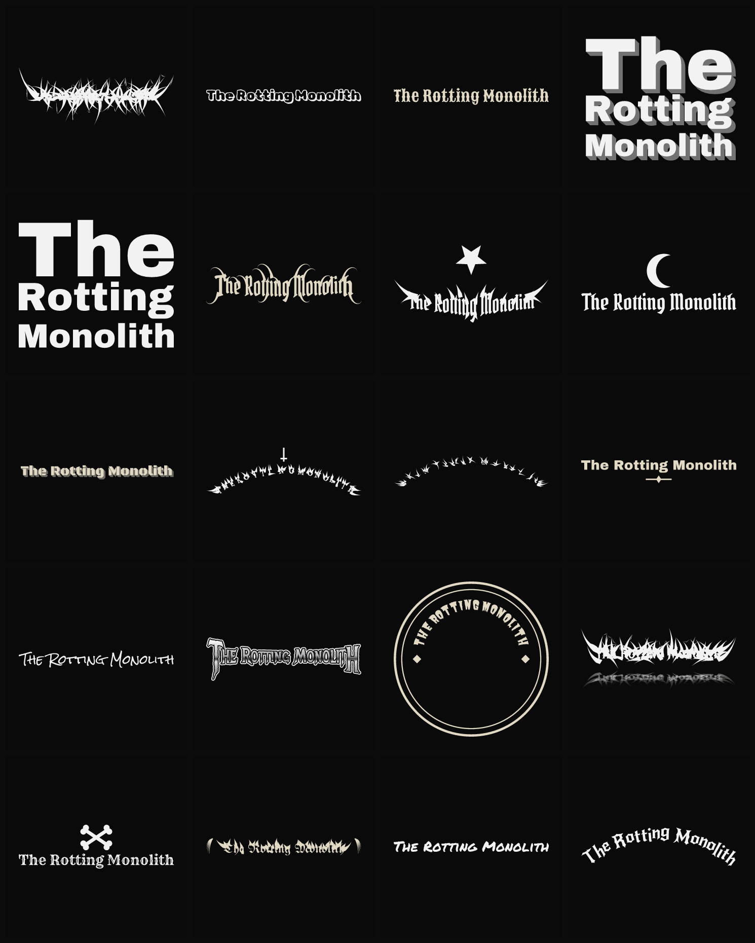 Twenty The Rotting Monolith band logo ideas — different faces, treatments and spike settings