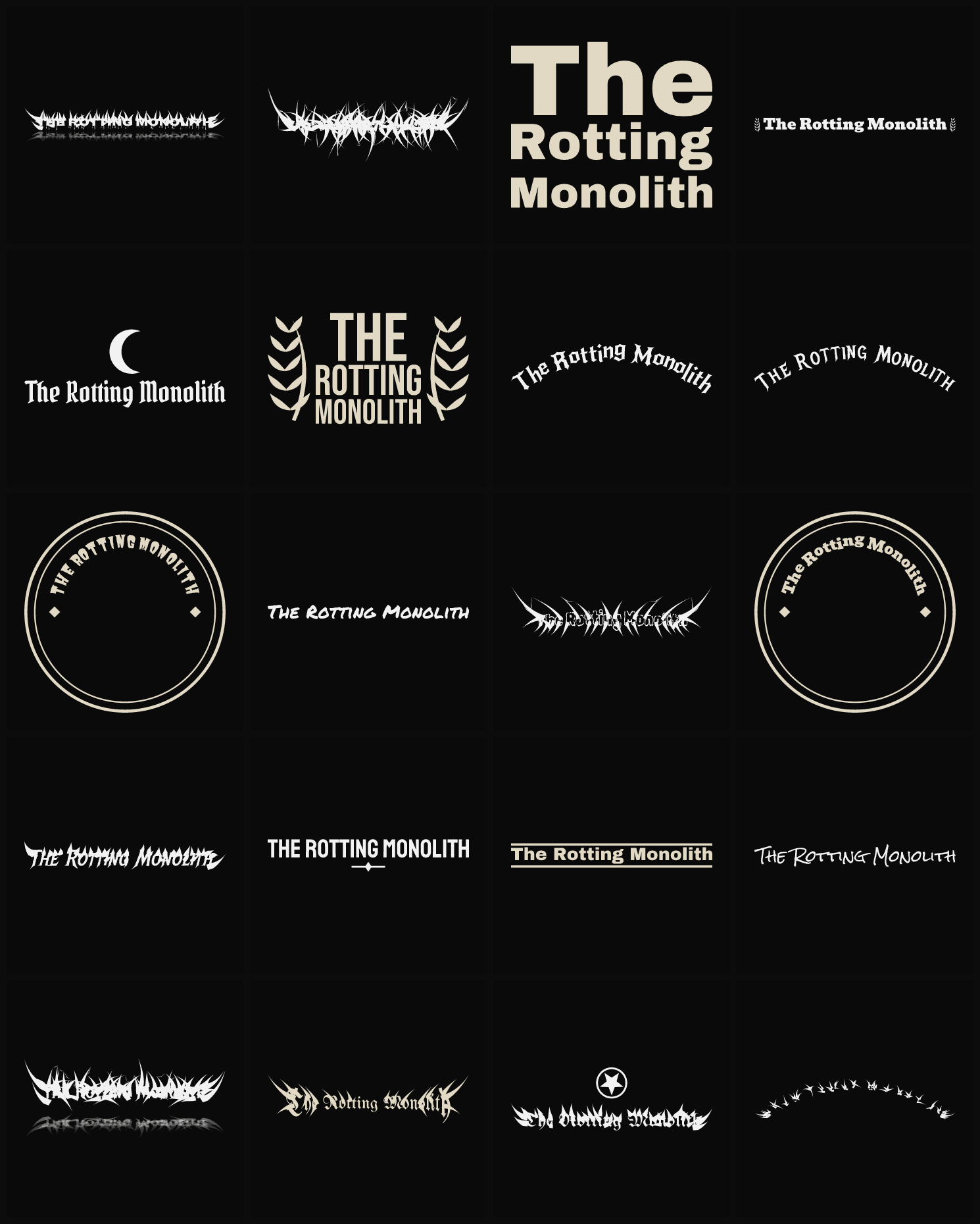 Twenty The Rotting Monolith band logo ideas — different faces, treatments and spike settings