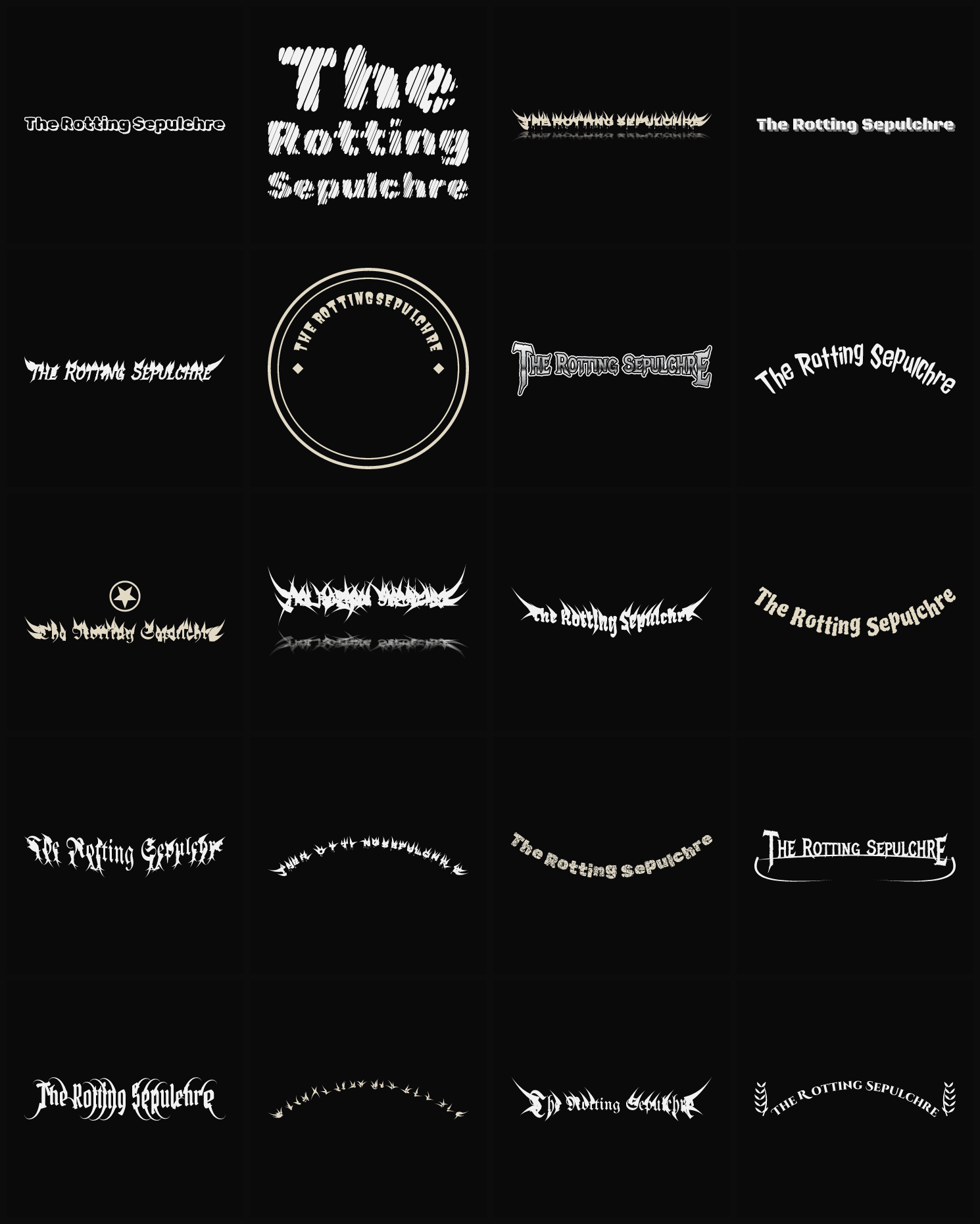 Twenty The Rotting Sepulchre band logo ideas — different faces, treatments and spike settings