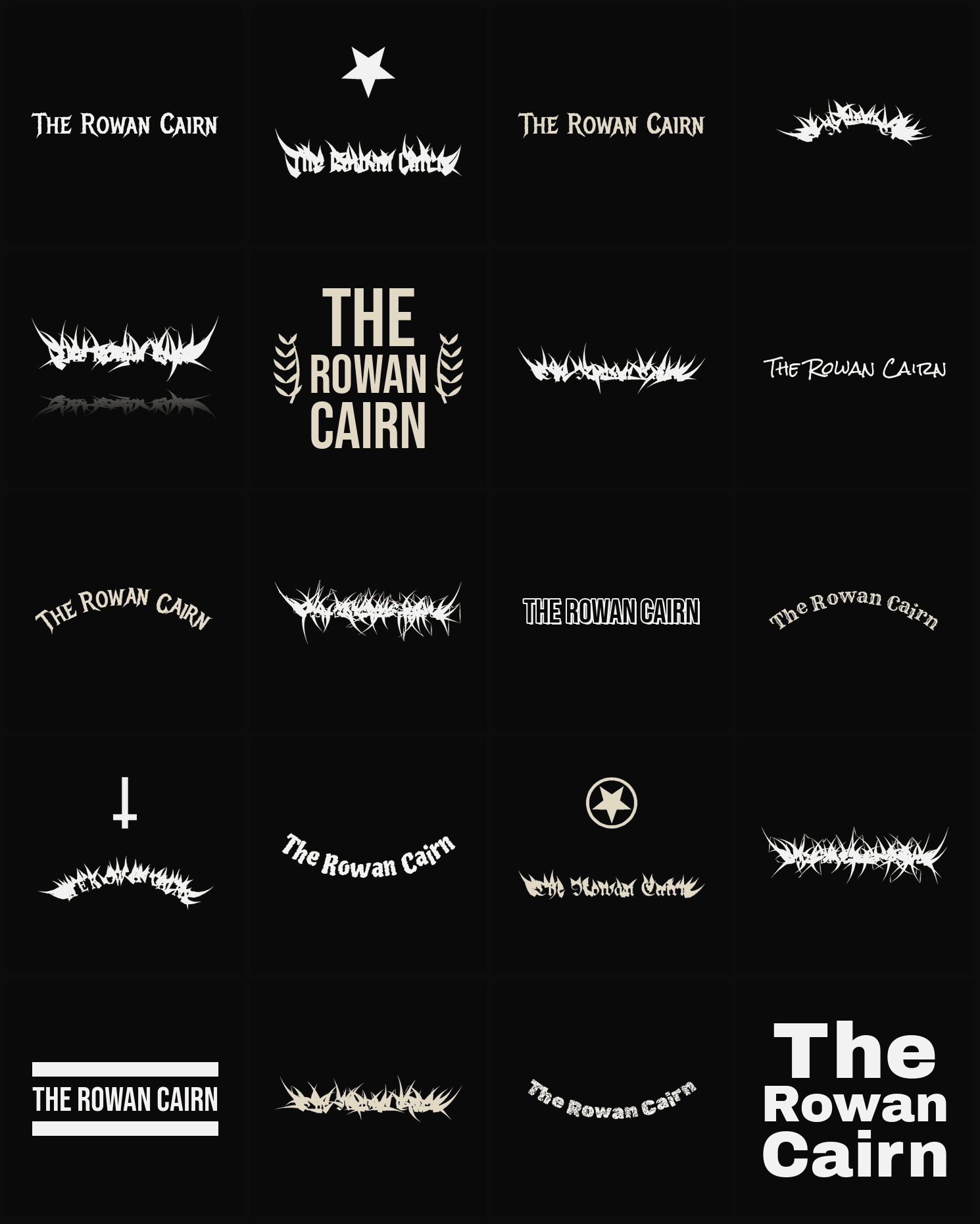 Twenty The Rowan Cairn band logo ideas — different faces, treatments and spike settings